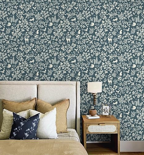 Miniatura 6 de HeloHo Papel tapiz de 16.1 x 118 pulgadas, diseño de hojas florales, color azul, verde, gris, para dormitorio, autoadhesivo, extraíble, impermeable,