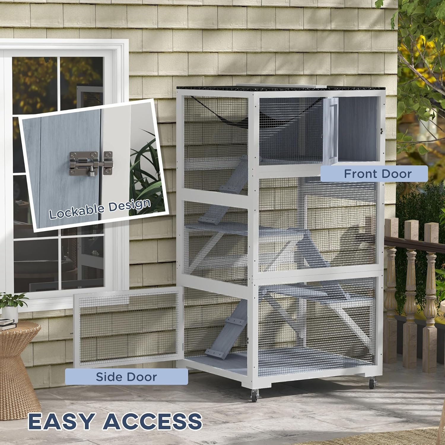 PawHut Catio, Outdoor Cat Enclosure House, Wooden Feral Cat Shelter on Wheels, Cat Cage with Hammock, Platforms Ramps, and Weather Protection Asphalt Roof, 34", Gray