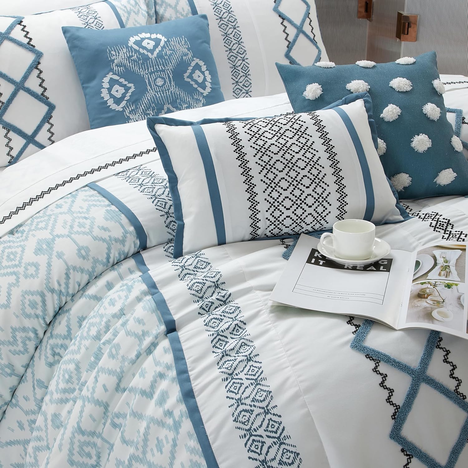 Stratford Park Blue Comforter Set Queen Size, 15 Piece Terry Embroidery All Season Room-in-A-Bag, Matching Curtains, Sheet Set, Pillows & Shams