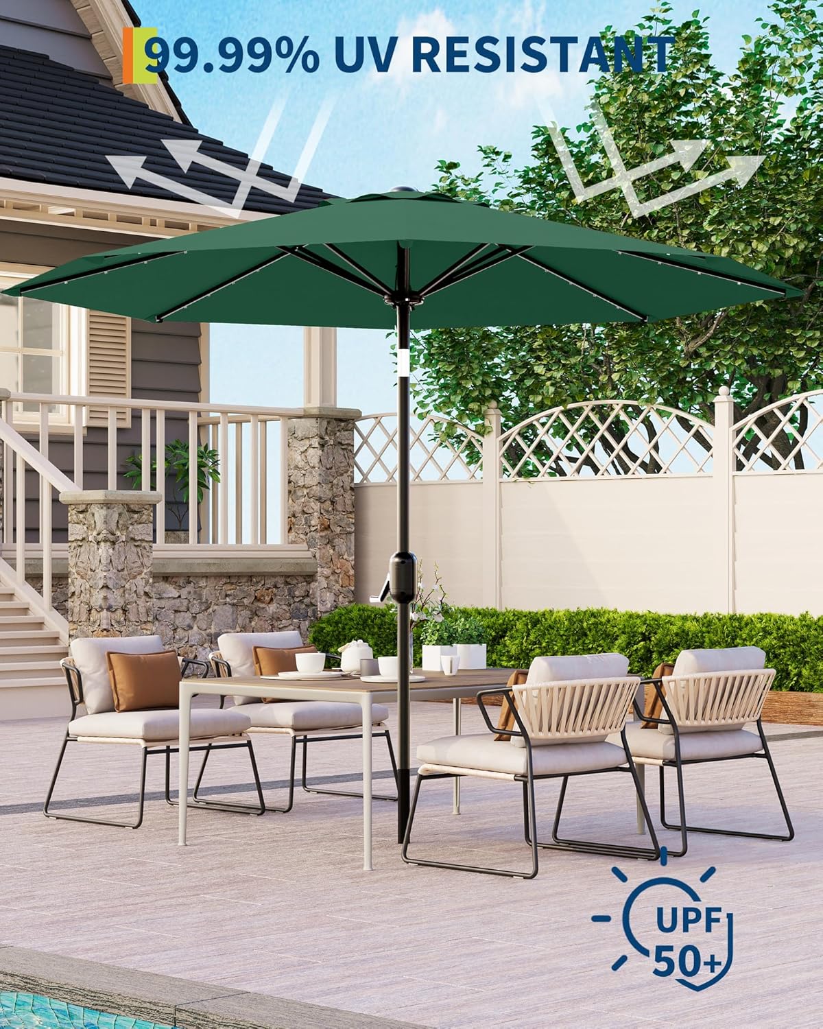 GarveeLife 9 ft Patio Umbrella with Solar Lights, Outdoor Table Umbrella with 32 LED Lights & Tilt Crank, 8 Ribs Market Table Umbrella for Pool, Deck, Backyard, Dark Green