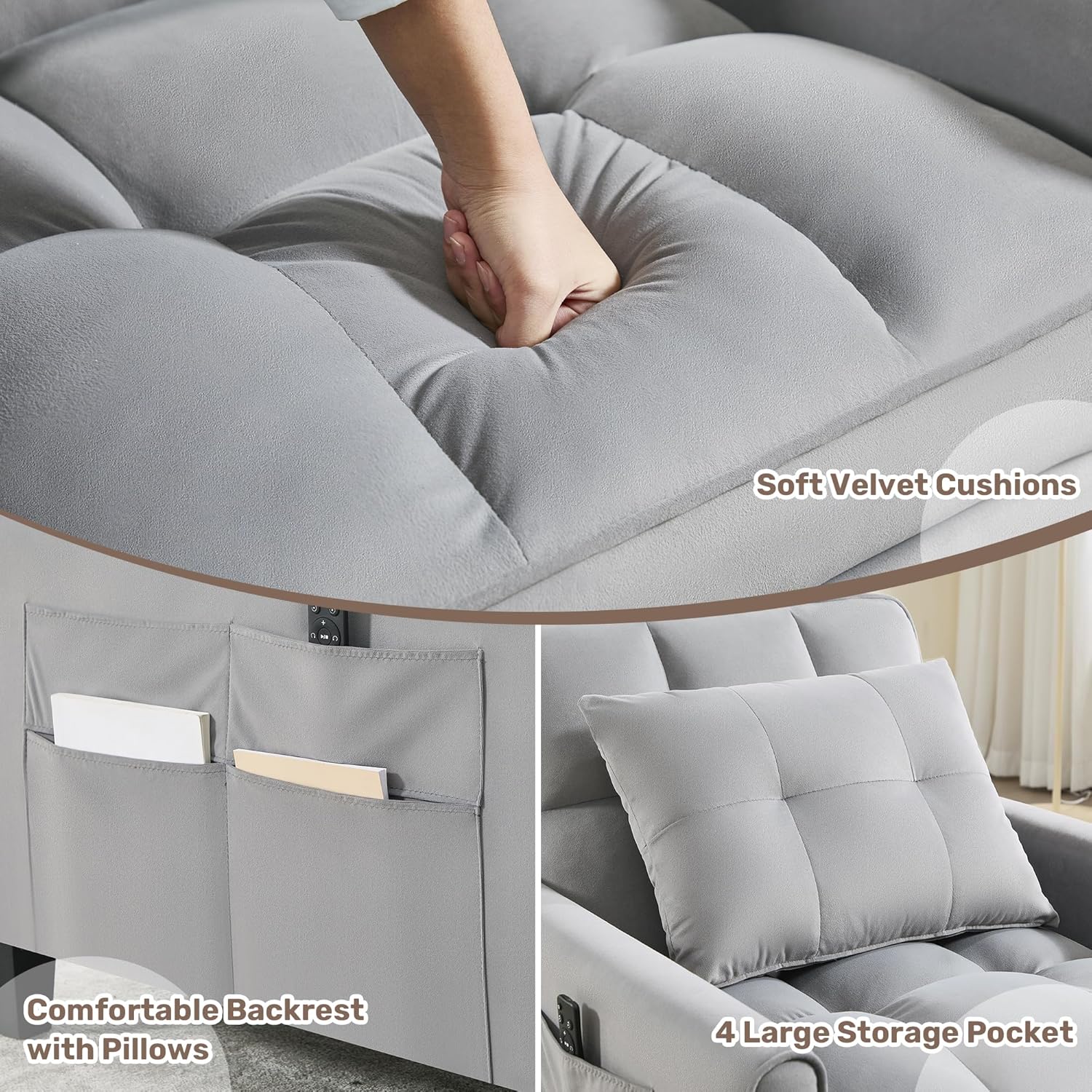Convertible Sleeper Chair, 3 in 1 Sleeper Chair Bed Pull Out Sofa Bed Chairs, Velvet Single Sofa Beds with Adjustable Backrest for Adults Reading Living Room, Bedroom, Light Grey