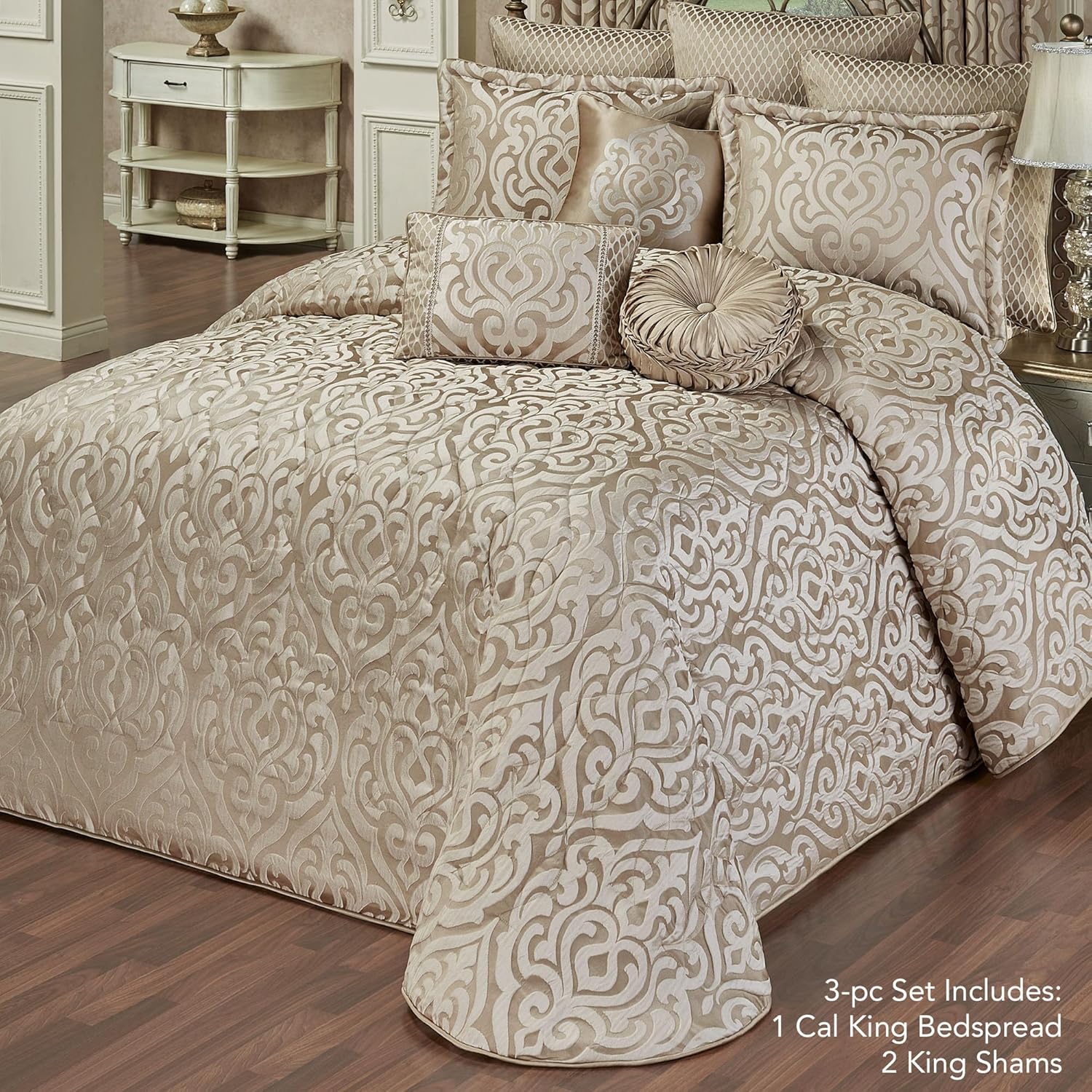 Davenport Luxury Bedding | Neutral Sand and Beige Colors | Elegant Jacquard-Woven Puff-Textured Scrollwork Medallions | 3 Piece Bedding Set Includes Oversized Cal King Bedspread and 2 King Shams