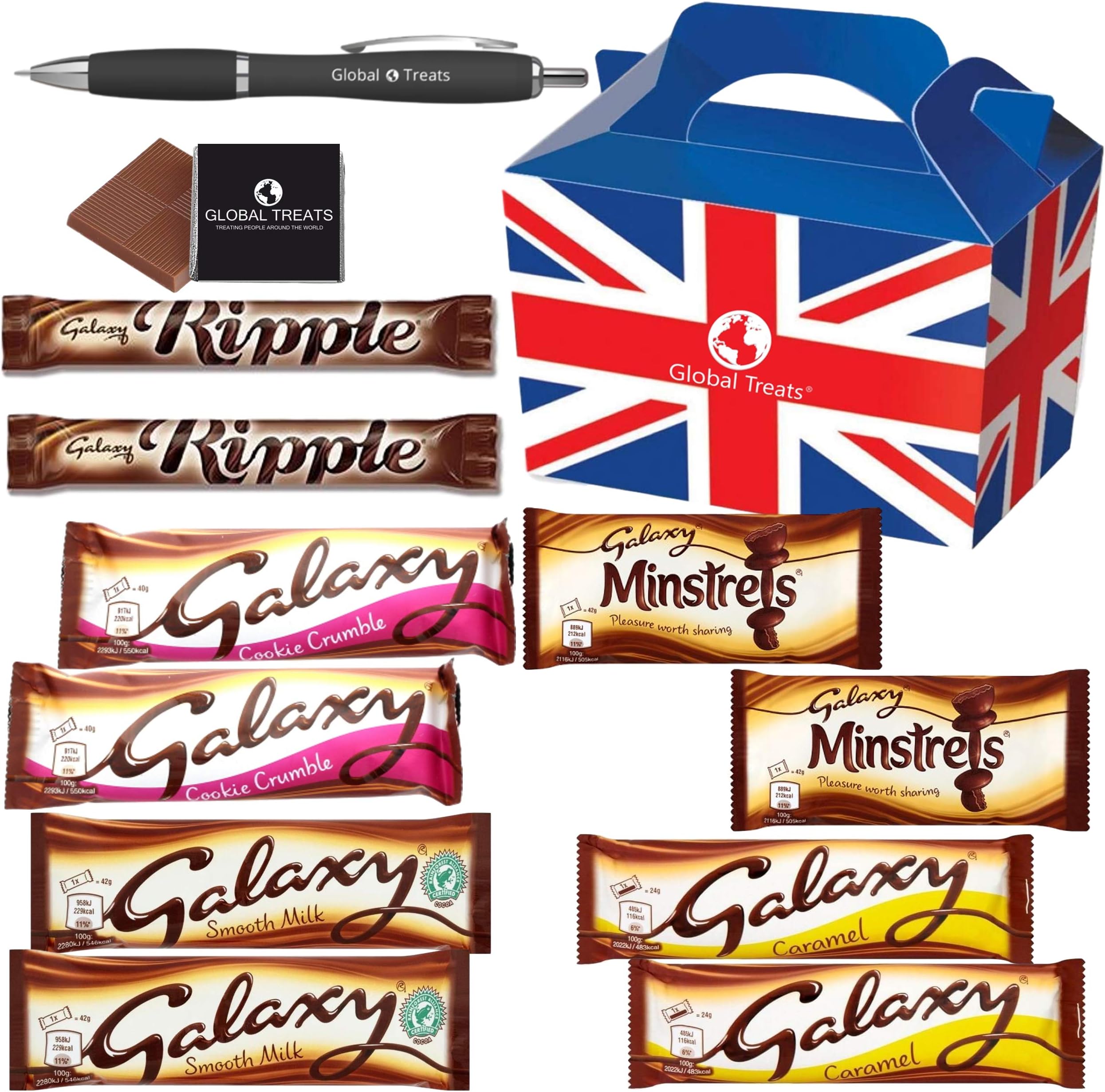 Galaxy Selection Box - 10 Full Size Chocolate - Galaxy Caramel x2, Galaxy Cookie Crumble Bar x2, Galaxy Minstrels x2, Galaxy Ripple x2 & Galaxy Chocolate Bar x2.