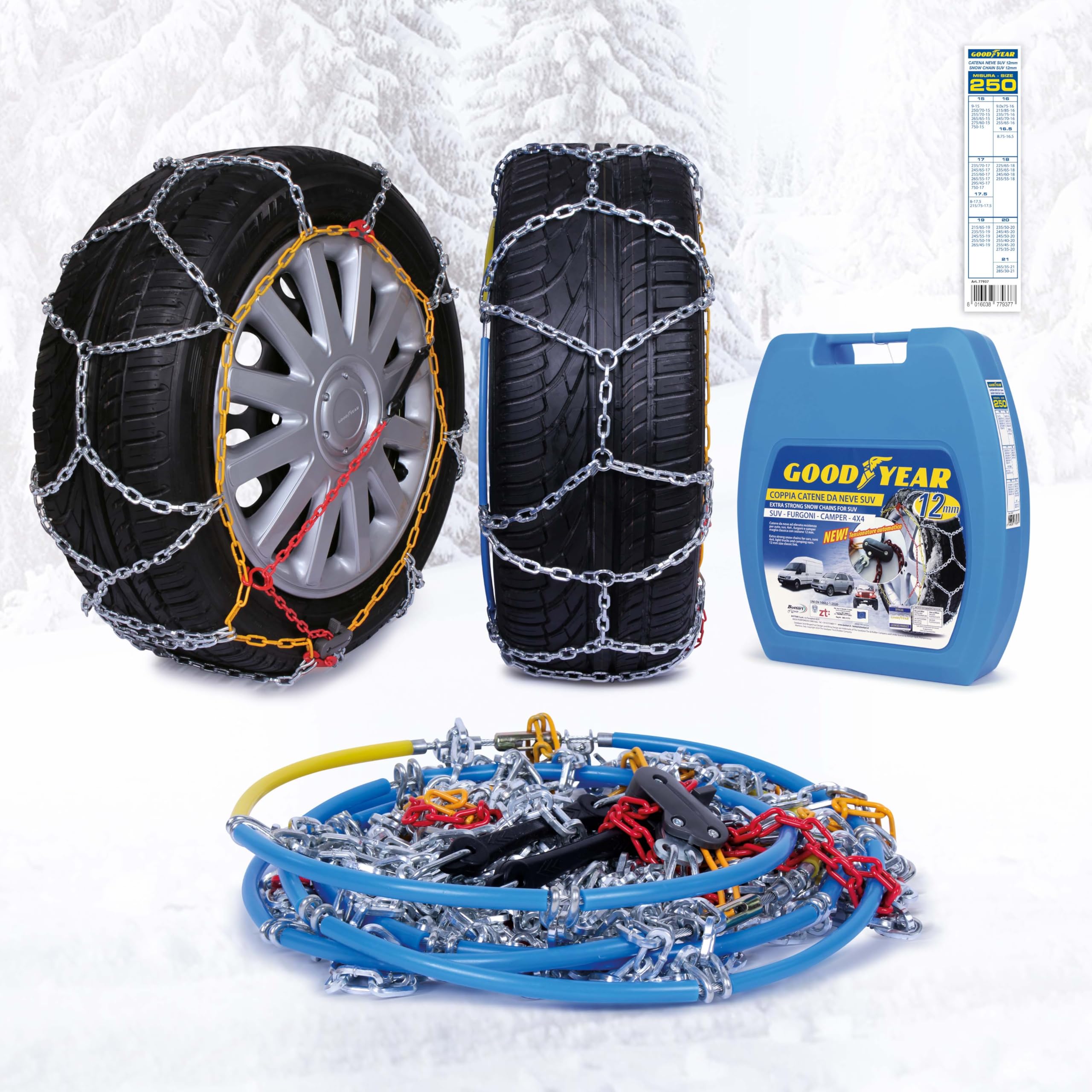 Goodyear 77937 Good Year 77937-12 mm Passenger Car snow chains - TUV and ONORM approved - size 250. Suitable for SUV, vans, motorhomes and 4x4, size 250