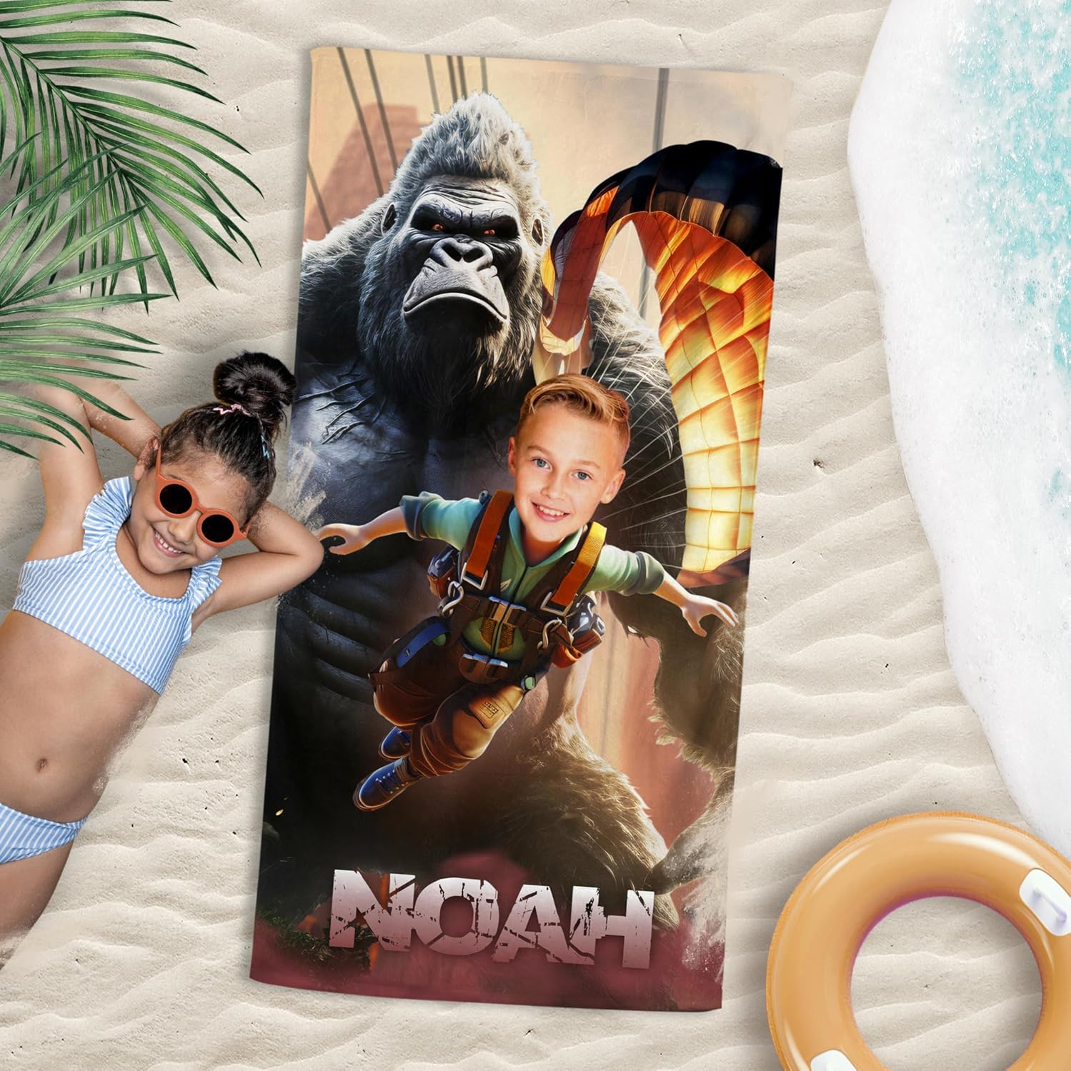 Kids Bath Towels, Big Gorilla Animal Lover Gifts for Boys Teen Men Son, Custom Gifts with Picture, Meaningful Present for Boyfriend, 30 x 60 Personalized Beach Towel with Name and Face KC58