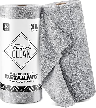 Fantasticlean Thick & Large Microfiber Cleaning Cloth Roll, 16 by 16- 36 Sheets, Premium Detailing Towels, Ultra Absorbent, Lint-Free Reusable Wipes for All-Around Cleaning Glossy Grey