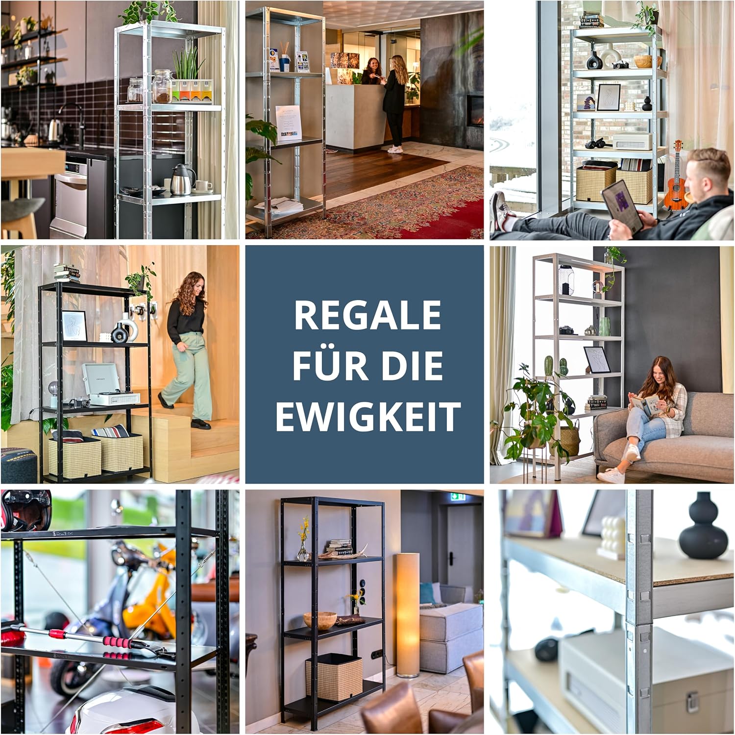 Collage of images showing the shelving unit used in various settings like a kitchen, garage, living room, and office, demonstrating its versatility.