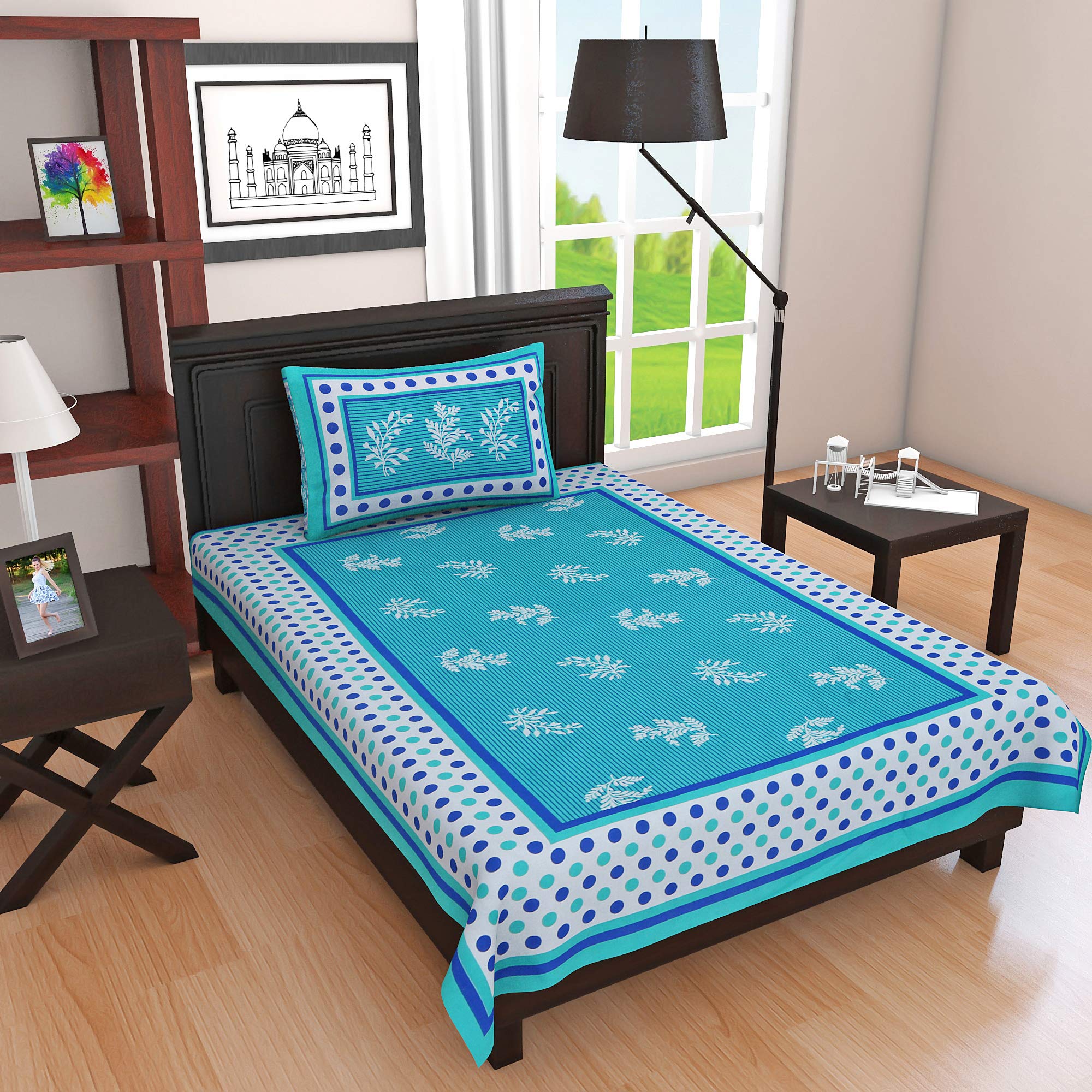 E Elma Jaipuri Look Cotton Printed Single Bedsheet with One Pillow Cover -Blue
