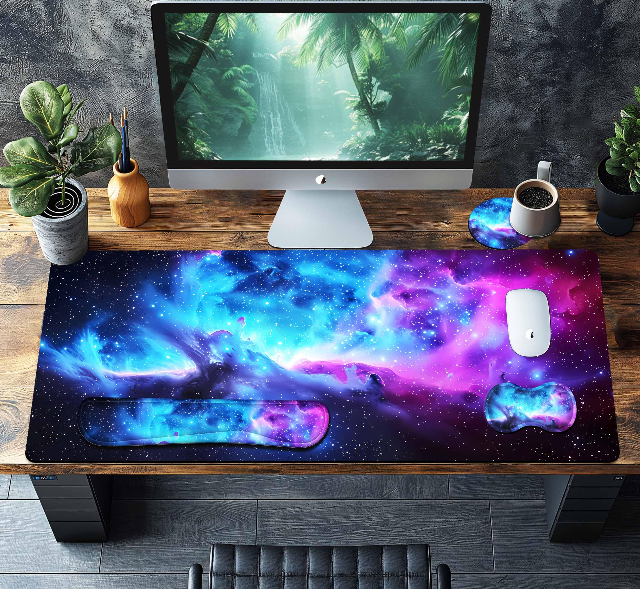 4-teiliges erweitertes großes Mauspad-Set für Damen und Herren mit Galaxie-Design, inklusive 35,4 x 15,7 cm großes XXL-Mauspad, Tastatur-Handgelenkauflage, Maus-Handgelenkstütze und