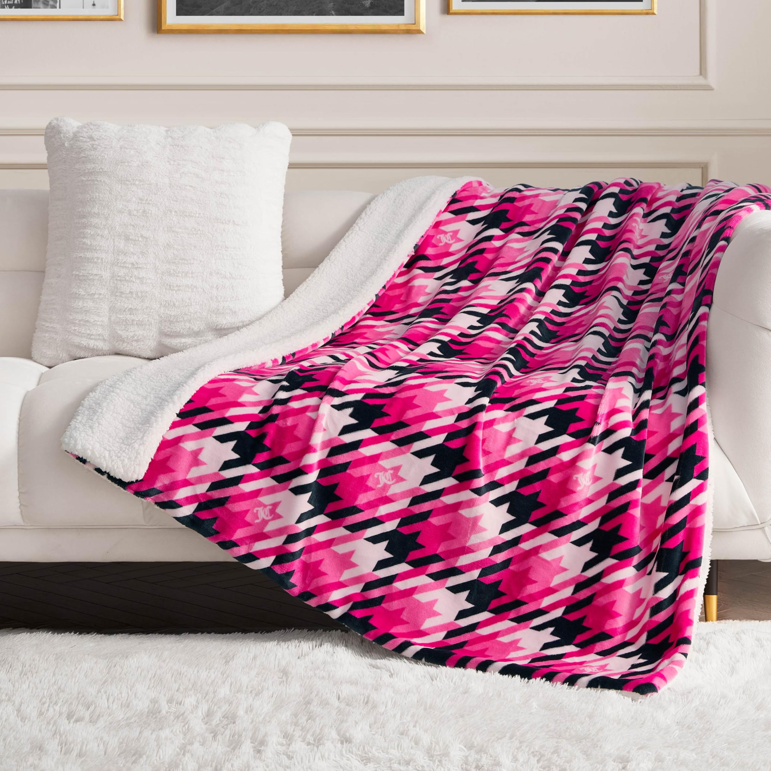 Juicy Couture Plush Reversible Sherpa 50"x60" Throw Blanket, Hot Pink Tweed