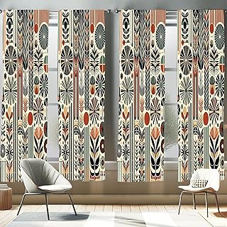Ambesonne Bohemian Window Curtains Pack of 2, Retro Mid Century Inspired Abstract Patterns on Ivory Background, Lightweight Set with Rod Pocket, 4 Panels of - 28