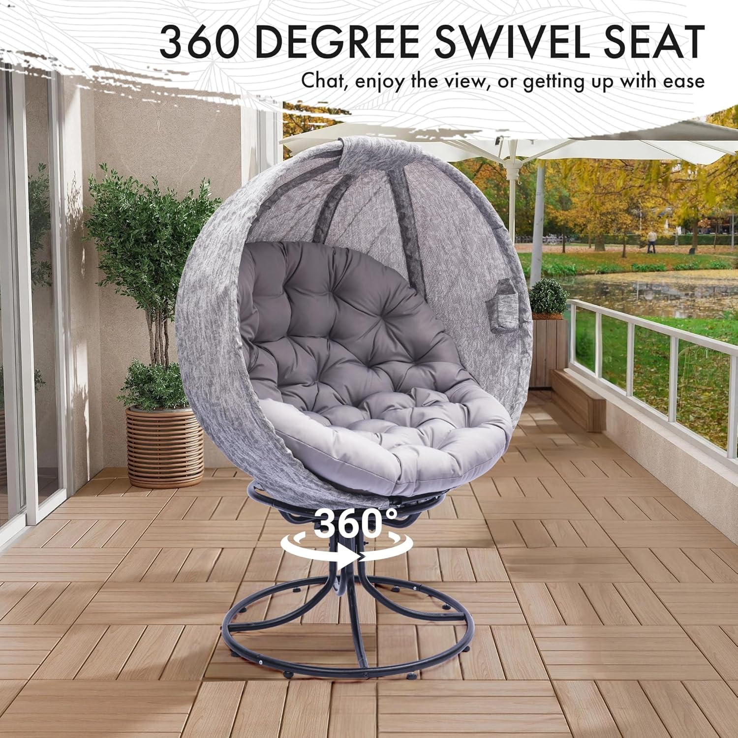 Oversized 360 Swivel Egg Chair - Foldable Rattan Seat w/Cushions, Outdoor Indoor Lounge Chair for Patio, Pool, Balcony & Living Room (Small Leaf Jacquard Grey)