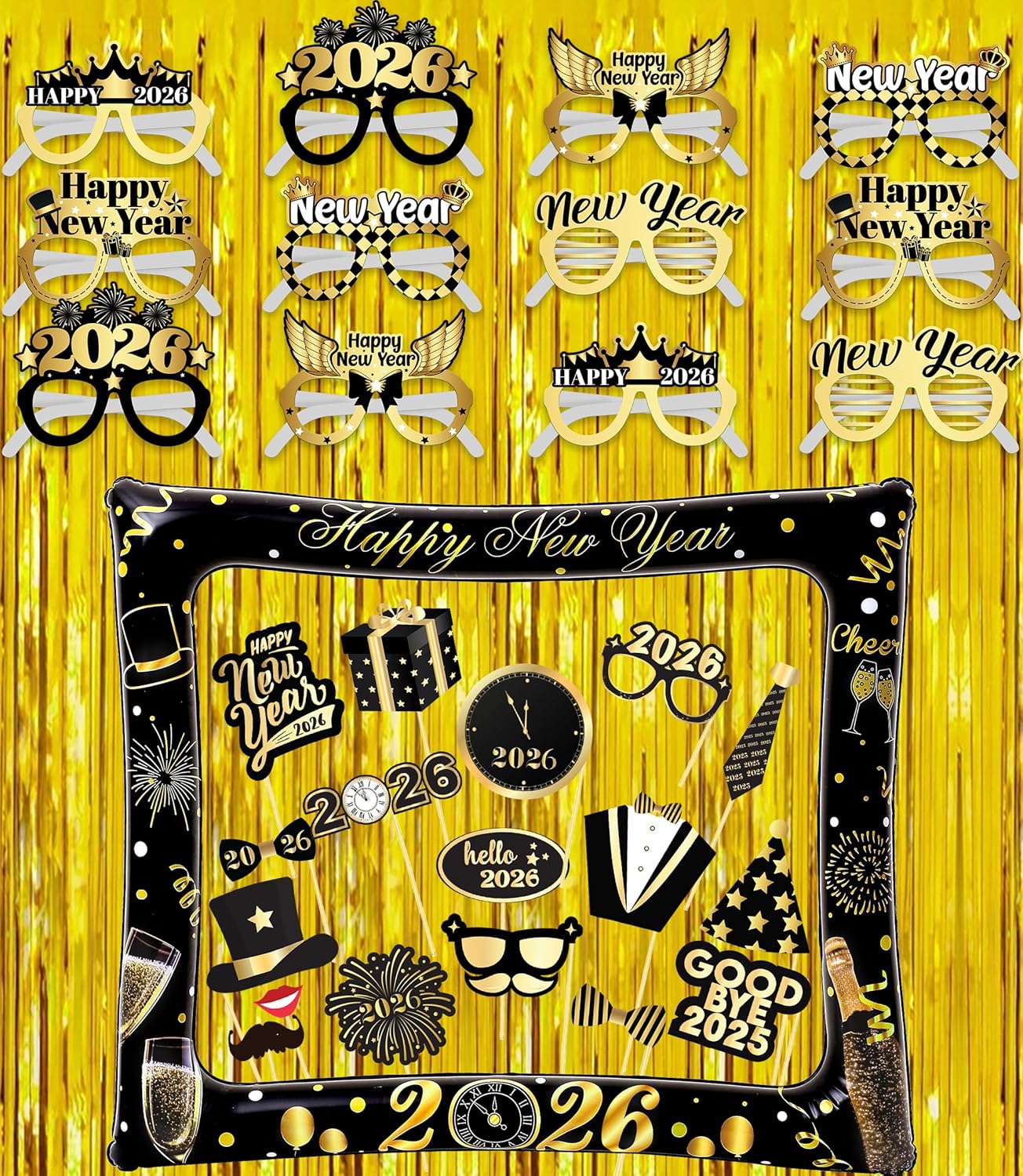 KatchOn, Pack of 50, New Years Photo Booth Props Frame Set | New Years Eve Photo Booth Props | Gold Foil Fringe Curtains for NYE Decorations 2026 with 2026 New Years Glasses | NYE 2026 Glasses