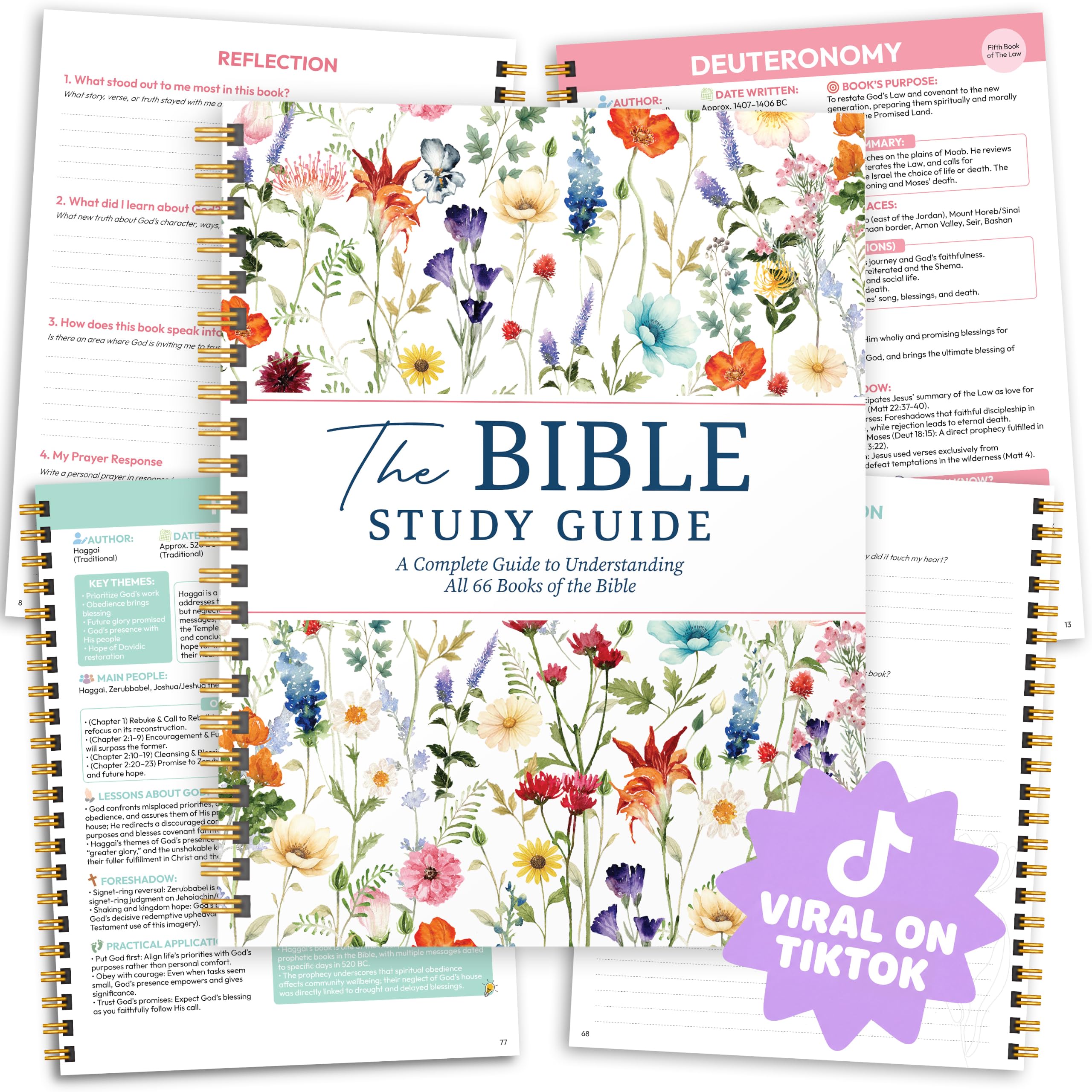 Wildflower Bible Study Guide für Frauen - Anfängerfreundliches Studium aller 66 Bücher mit Lebensanwendung & Reflexionsnotizen | Premium Lay-Flat Hardcover Andachtsjournal mit goldener Spiralbindung