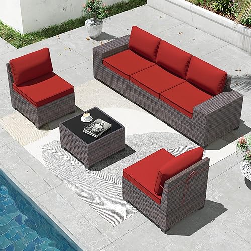 6 Pieces Patio Furniture Sets with Glass Tea Table,PE Rattan Wicker Patio Conversation Set with Washable Cushions,Outdoor Patio Sectional Furniture Set for Backyard, Poolside, Garden,Red