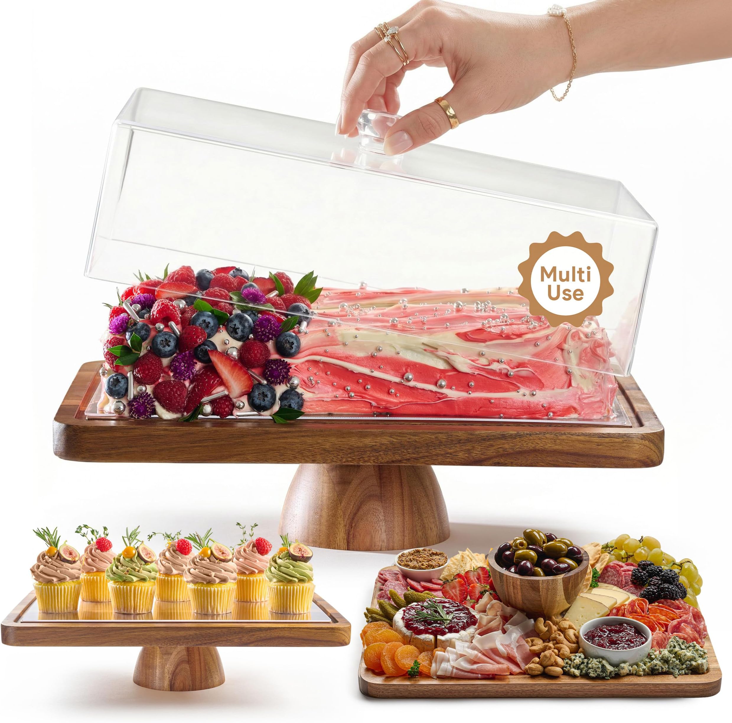 HOMESPHERE Acacia Wood Cake Stand with Lid - Rectangle Cake Holder 2 in 1 Dessert Table Display Set & Charcutory Board for Cheese, Chips, Fruit Platters, Large Acrylic Cake Dome Cover without Glass