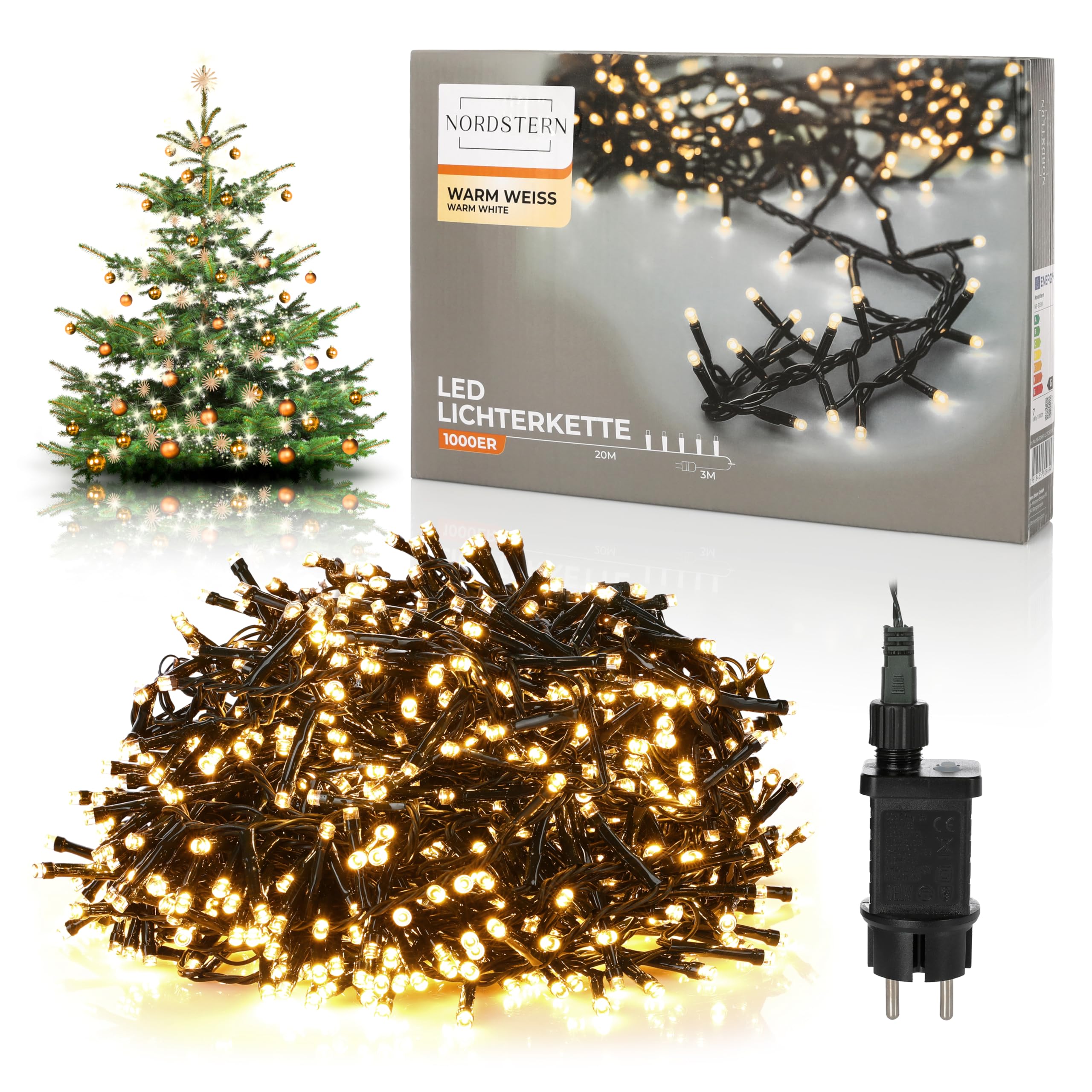Nordstern LED Büschel Lichterkette Warmweiß 1000 LEDs - Weihnachtsbaum Deko Beleuchtung für Innen & Außen mit Stecker 20 m