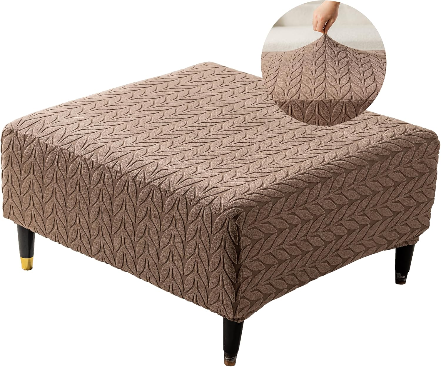 Stretch Ottoman Cover Square/Rectangle,Oversized Foot Stool Slip Cover,Jacquard Storage Footstool Furniture Protector with Elastic Band, Footrest Slipcovers Removable(Large,Herringbone Coffee)