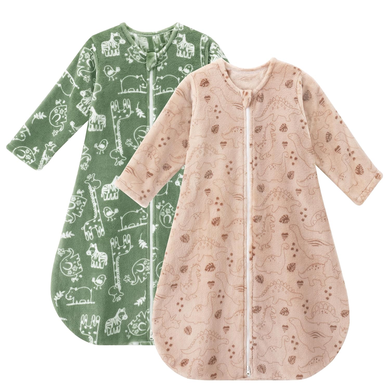 Yoofoss Long Sleeve Fleece Baby Sleep Sack 0-6 Months, 2 Pack TOG 1.5 Baby Wearable Blanket with 2-Way Zipper, Toddler Sleeping Sack, Soft Warm 1.5-tog-apricot Dinosaur & Green Giraffe 0-6 Months