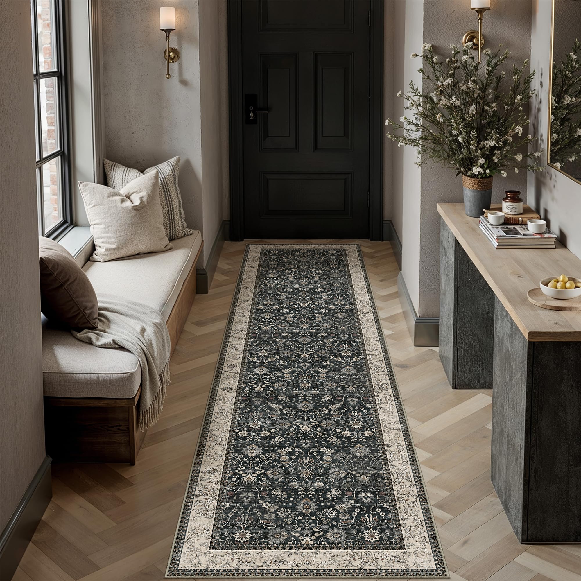hugear 2x8 runner rug machine washable black beige hallway area rug indoor accent rugs floral low pile carpet soft throw rugs bedroom living room office dining kitchen laundry non slip