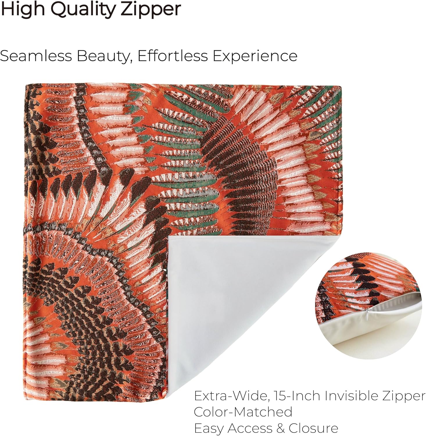 THE-TINOART Orange Multi-Color Bohemian Feather Jacquard Pillow Cover, Vibrant Abstract Square Accent Pillow Cover for Sofa & Bed, 18x18 Inch