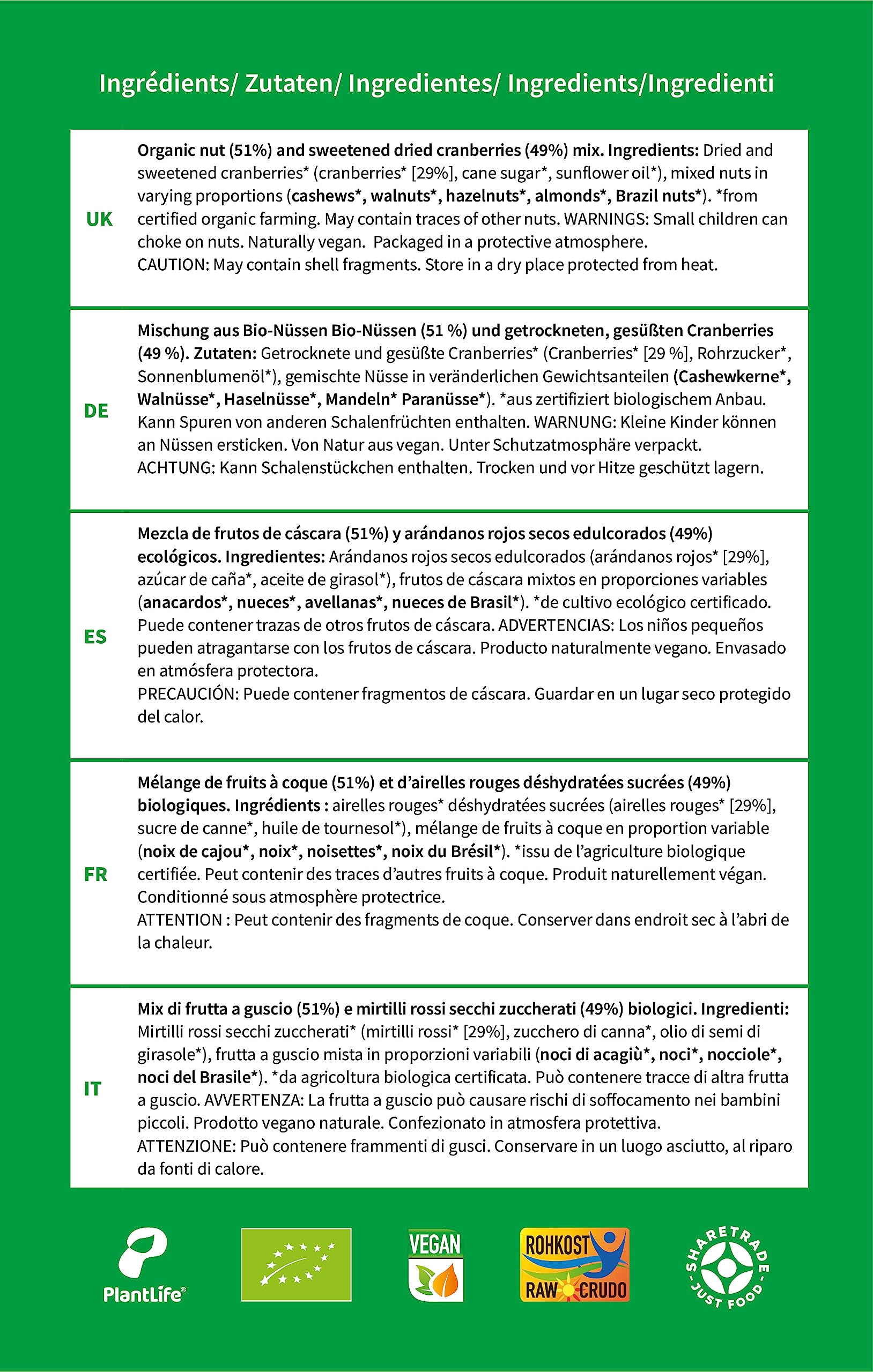 PlantLife BIO Trailblazer 650g - mix premium a base di noci biologiche croccanti senza uvetta e con mirtilli rossi