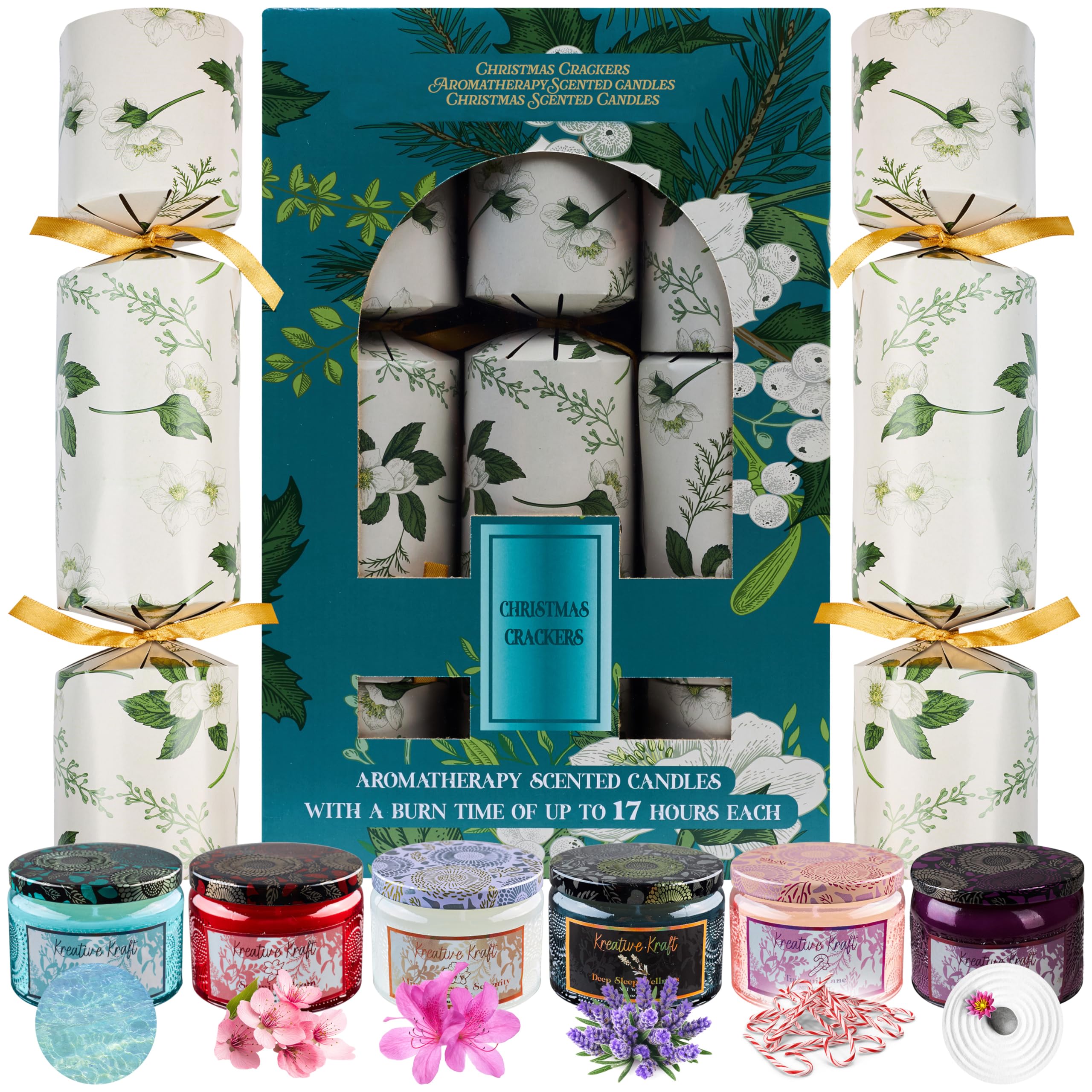 Kreativekraft Multi Candle Luxury Christmas Crackers, Pack Of 6 Deluxe Xmas Crackers With Scented Candles, Soy Wax Aromatherapy Jar Candle, Christmas Table Decor (Multi Candle)