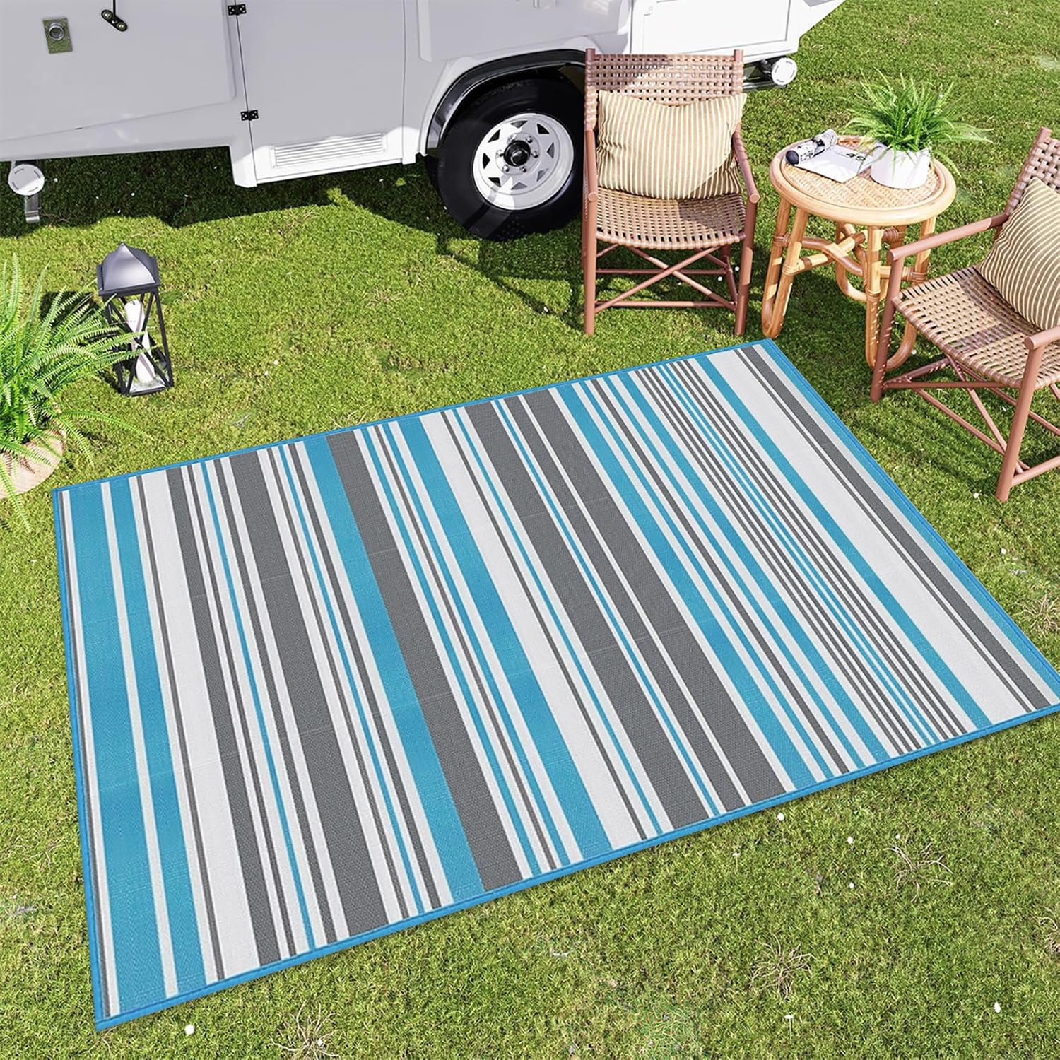 Balkonteppich Wasserfest Outdoor Flach Gewebt Gestreift Kunststoffteppich,Recycelter Premium UV-Beständig Camping Teppich Outdoor Reversible Matte für Garten Picknick Terrassenteppich,150x240cm