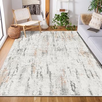 MUJOO 5x7 Area Rugs Washable Rug Non Slip Low Pile Large Modern Abstract | Machine Washable Throw Carpet for Living Room Bedroom Office Dining Room Floor Indoor Neutral Grey and Rust
