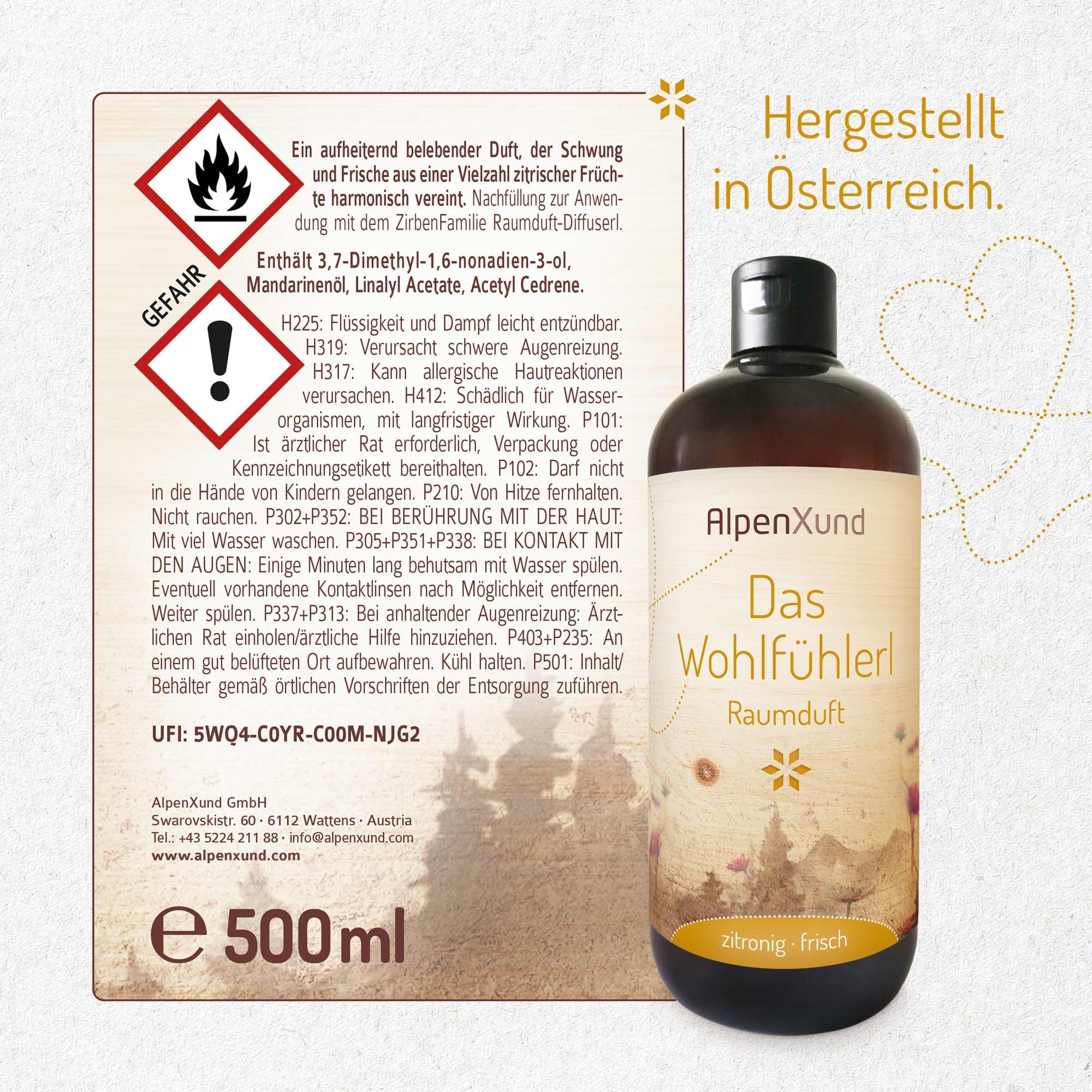Raumduft Das Wohlfühlerl, Duftrichtung Zitronig-Frisch, Diffuser-Nachfüllpackung 500ml