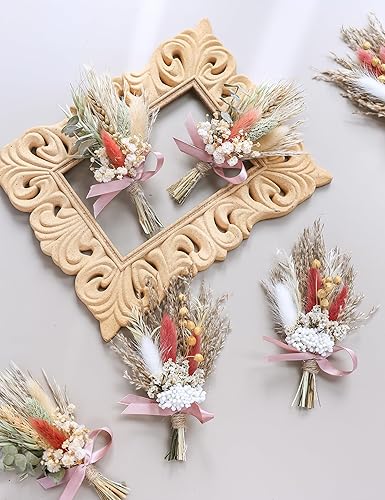 Miniatura 70 de xin's convey Mini Dried Flowert Set (Pack of 6), Orange Small Bouquet, Pampas Small Bouquet, Party Plate Decoration, Bridesmaid Flower Girl Proposal