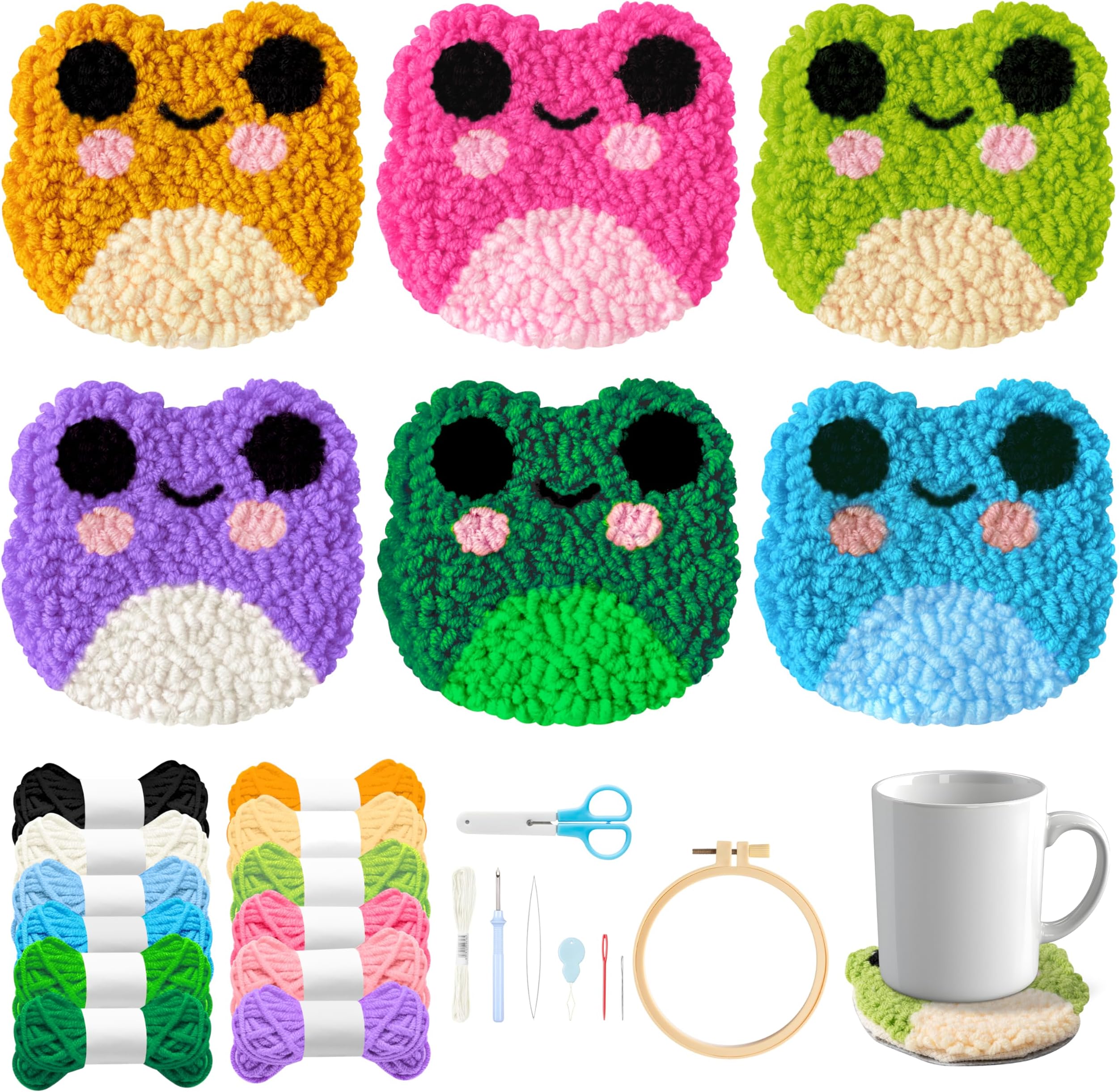 WATINC Frog Punch Needle Coaster Kit - 22Pcs Crafts Punch Needle Coasters Kits for Beginners, Frog Patterns Coaster Tufted Rug Pads with Adhesive Felt Yarns Embroidery Hoop Instruction
