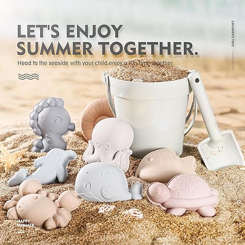 Miniatura 4 de MarcZero Juego de 11 juguetes de playa de silicona, apto para viajes, con cubo, pala, 8 moldes de arena, bolsa, juguetes modernos de arena para