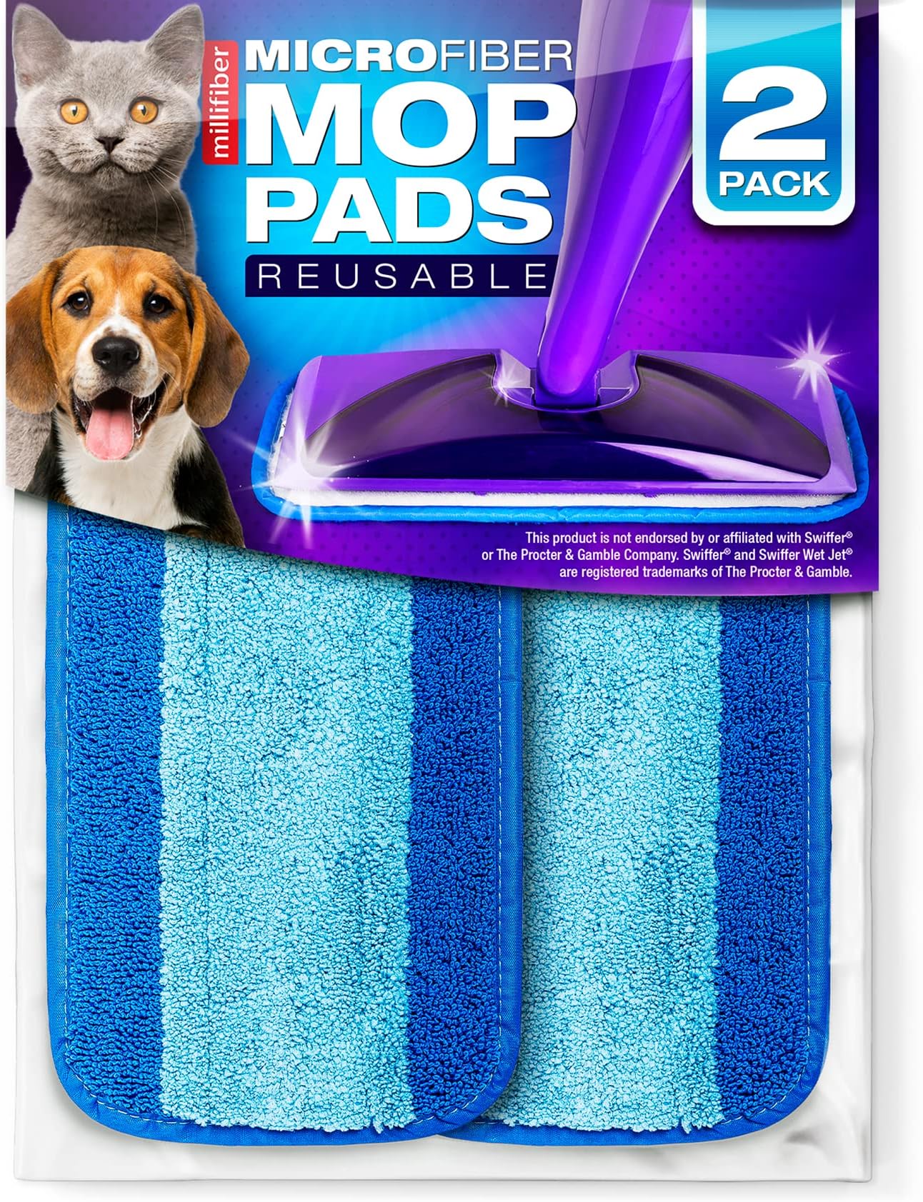 Millifiber Reusable Mop Pads Compatible with Swiffer WetJet (2 Pack) - Microfiber Mop Refill for Wet Mopping Cloths - Hardwood Floor Cleaning Spray Pads Reusable Replacements