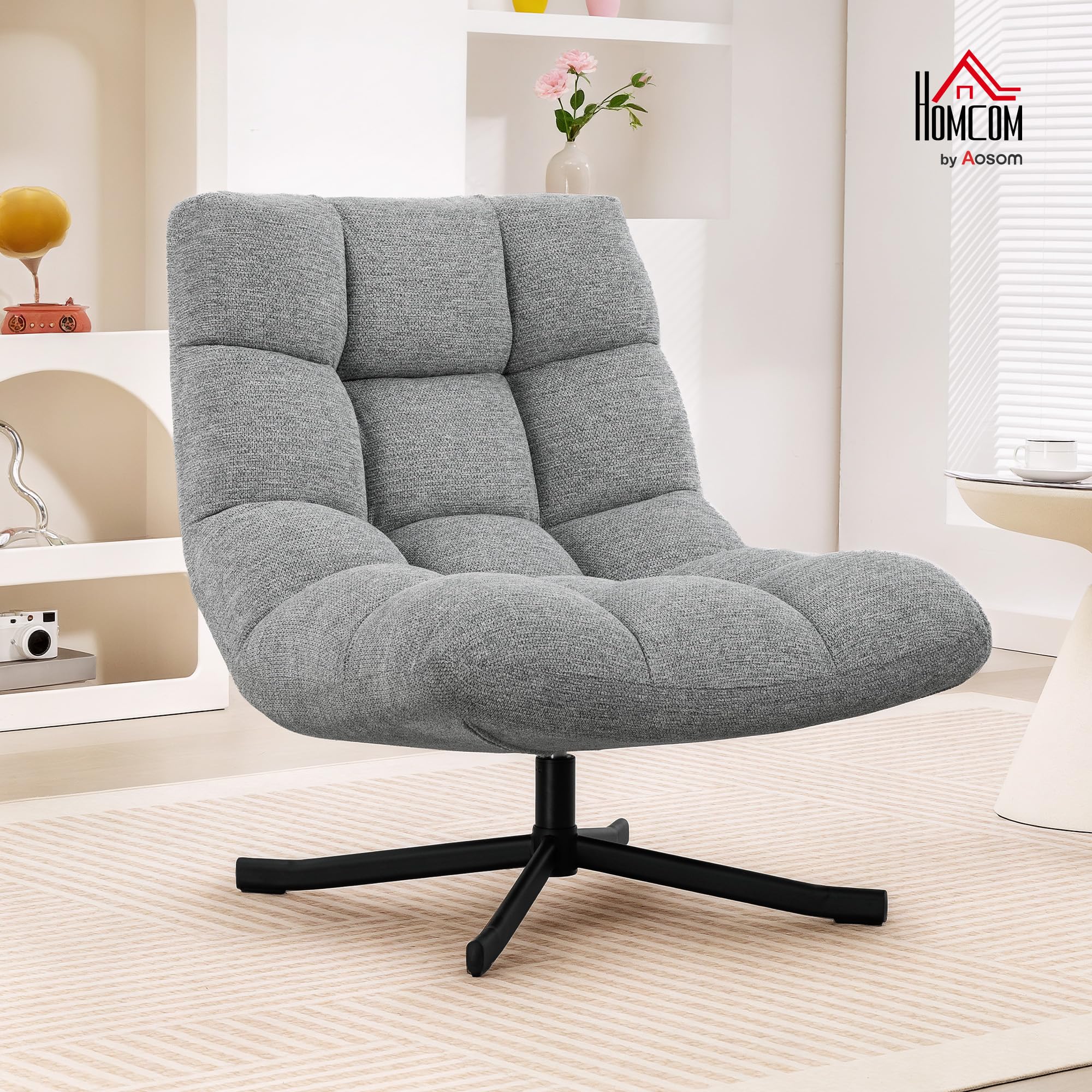 HOMCOM Fauteuil Salon sans Accoudoirs Chaise Pivotante Tissu Chenille Gris | Imperméable, Assise Rembourrée et Large, Pieds Croisés en Acier sans Roulettes, Fauteuil Relax pour Chambre et Salon
