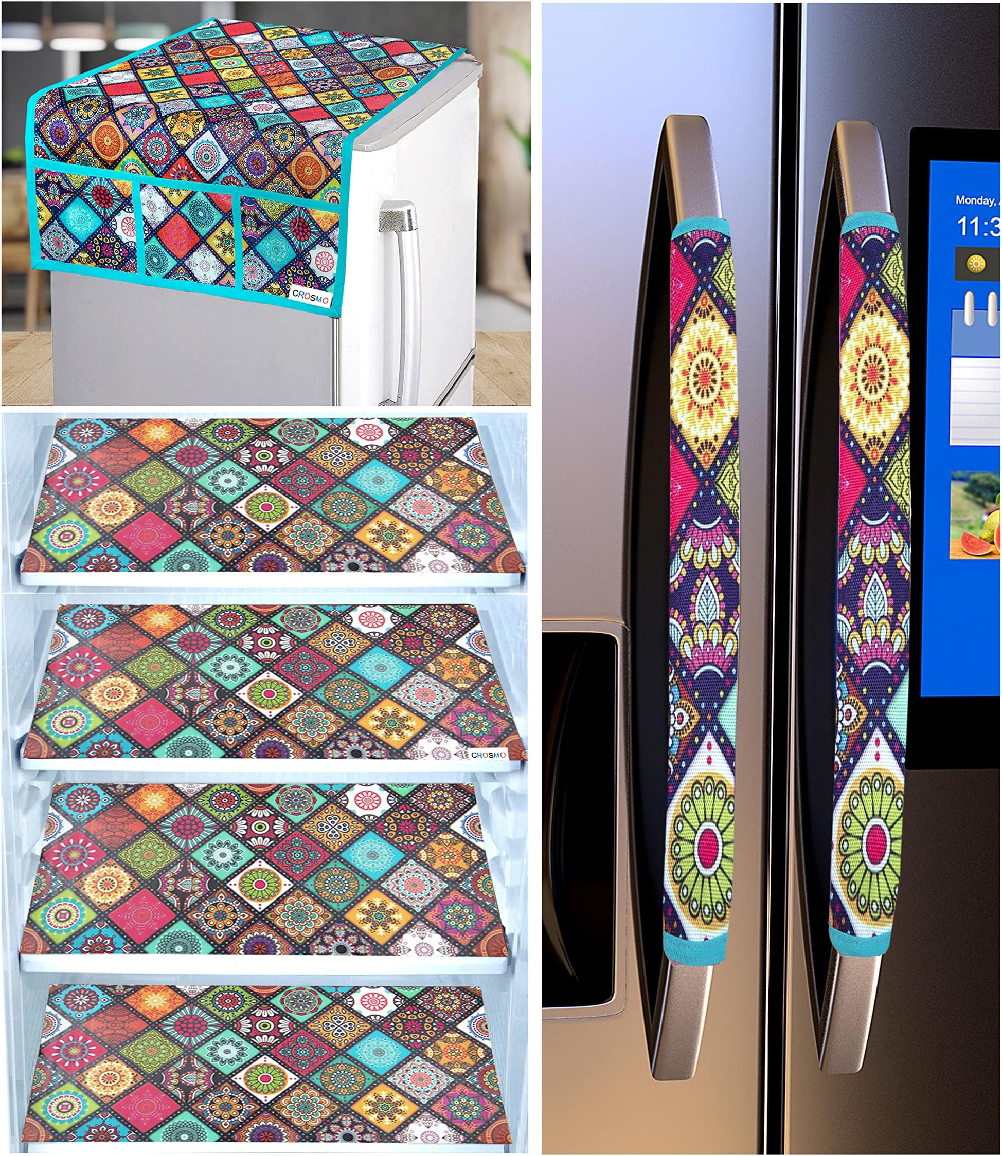 Heavy Quality Jute Refrigerator Cover 1Pc Fridge Cover for Top with 6 Utility Pockets + 2 Handle Covers + 4 Fridge Mats
