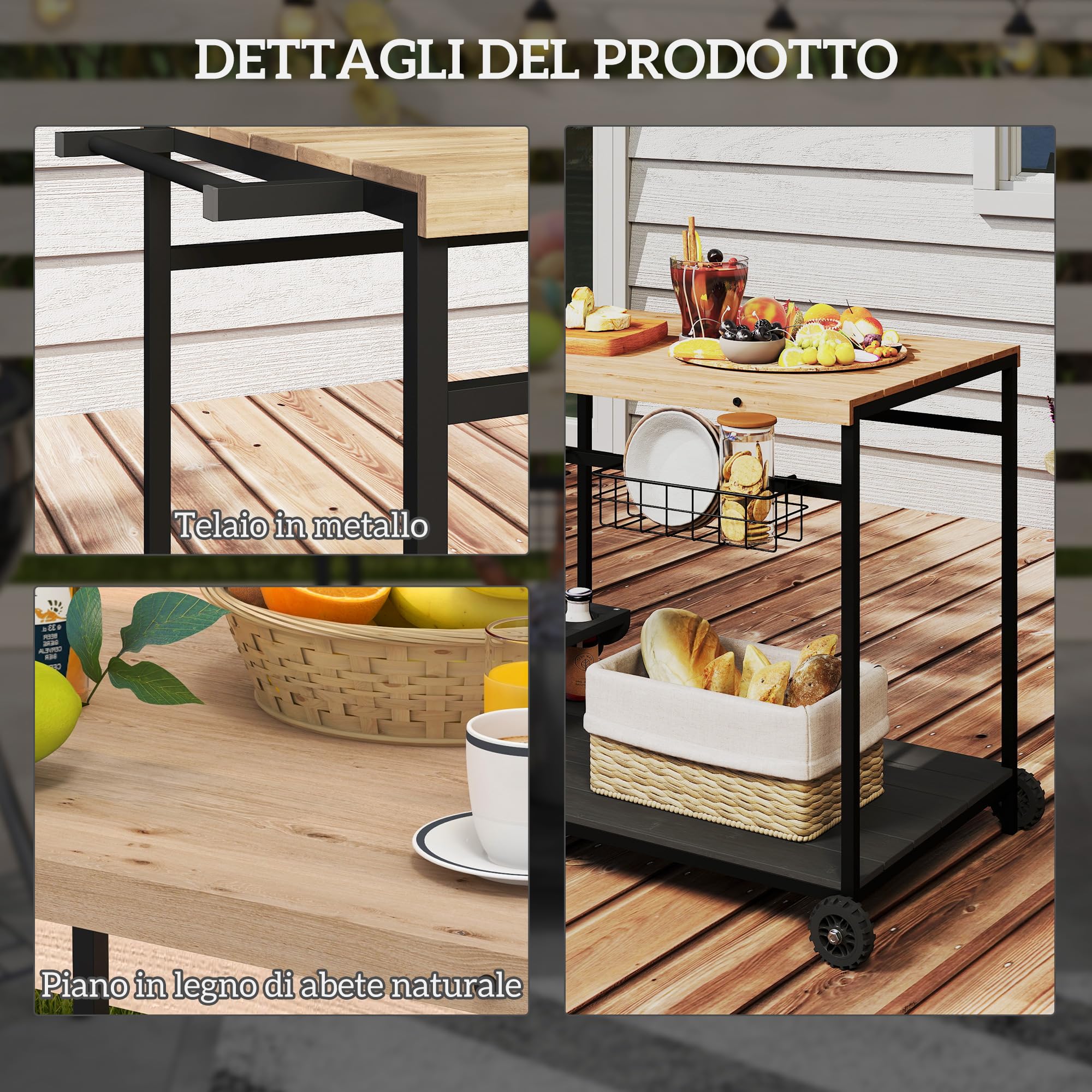 Outsunny Carrello da Giardino 2 Ripiani Legno Abete 97.5x65x81 cm Nero