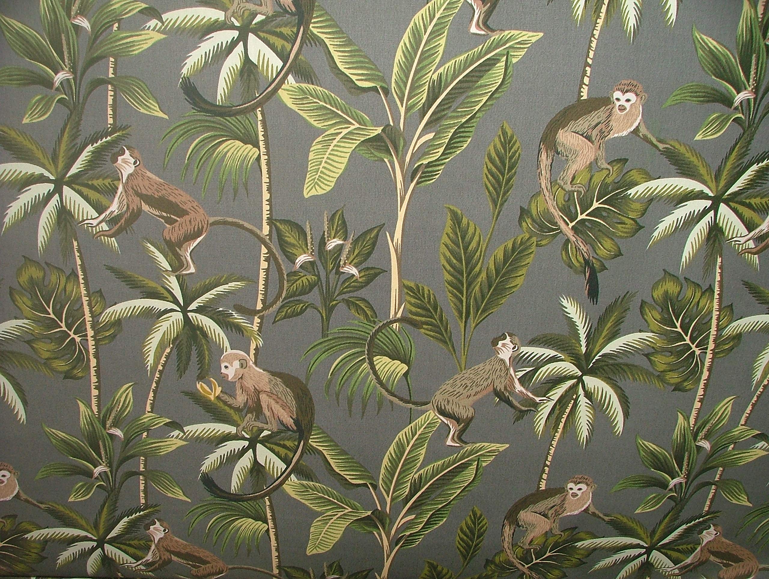 Fryetts Grey Tropical Monkey Botanical 100% Cotton Curtain Upholstery Cushion Blind Fabric (, A4 Sized Sample)
