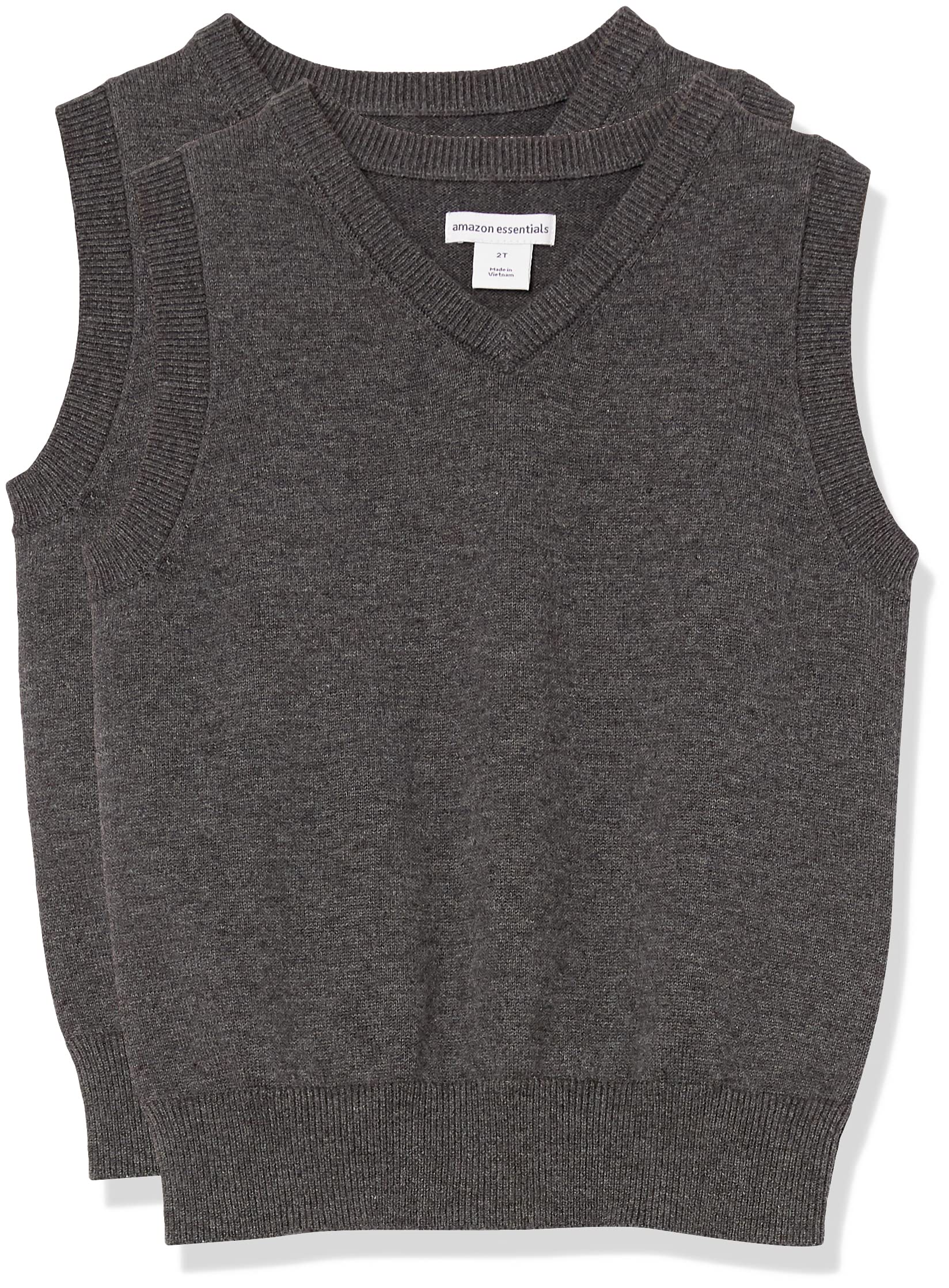 Amazon Essentials Toddler Boys' Uniform Cotton V-Neck Sweater Vest, Pack of 2, Charcoal Heather, 2T