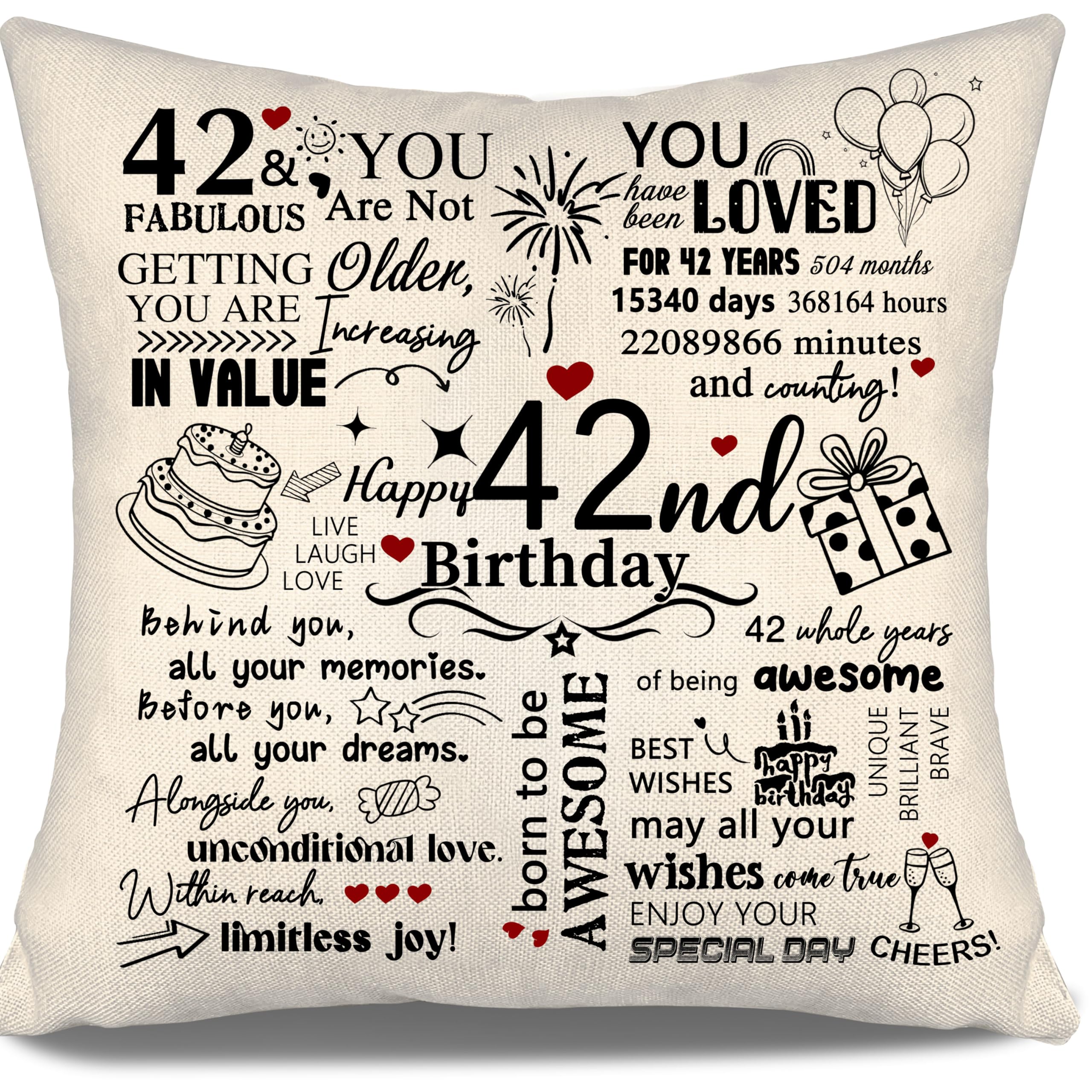 42nd Birthday Gift Cushion Cover for Mum Dad Aunt Uncle Sister Friend Cousin Colleague Girlfriend Boyfriend Wife Husband 42 Years Old Women Men Gift Inspirational Cushion Cover Happy Birthday(42)