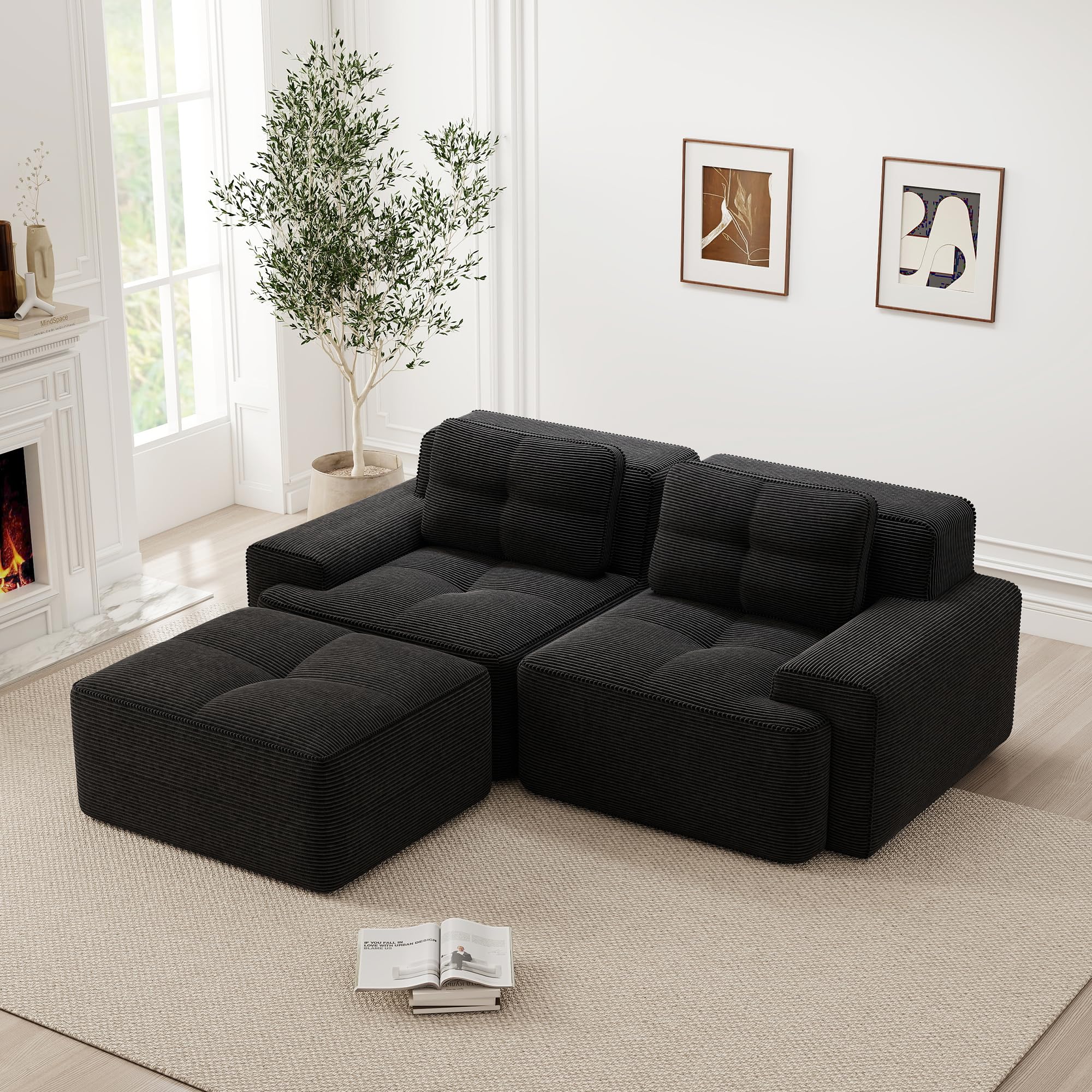 Divano modulare nero Boneless, moderno divano modulare a L per soggiorno, comodo divano in corduroy cloud con ottomano, divano letto a due posti trapuntato