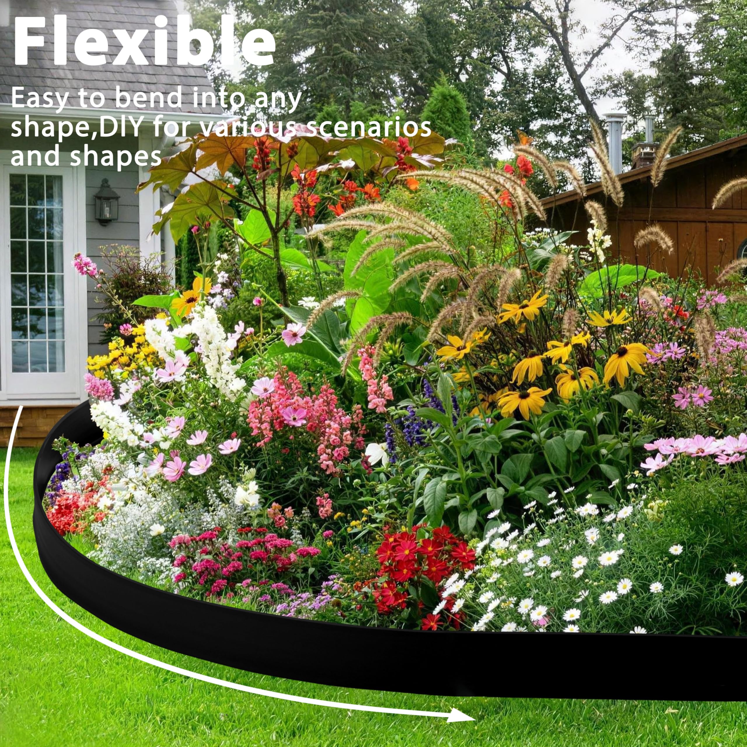 Bordure de Jardin Flexible 10cm,Longueur 10m,Bordure Jardin Exterieur Plastique,avec 30 piquets et 2 connecteurs + 1 Marteau (Bord Lisse, 10cmx10m)