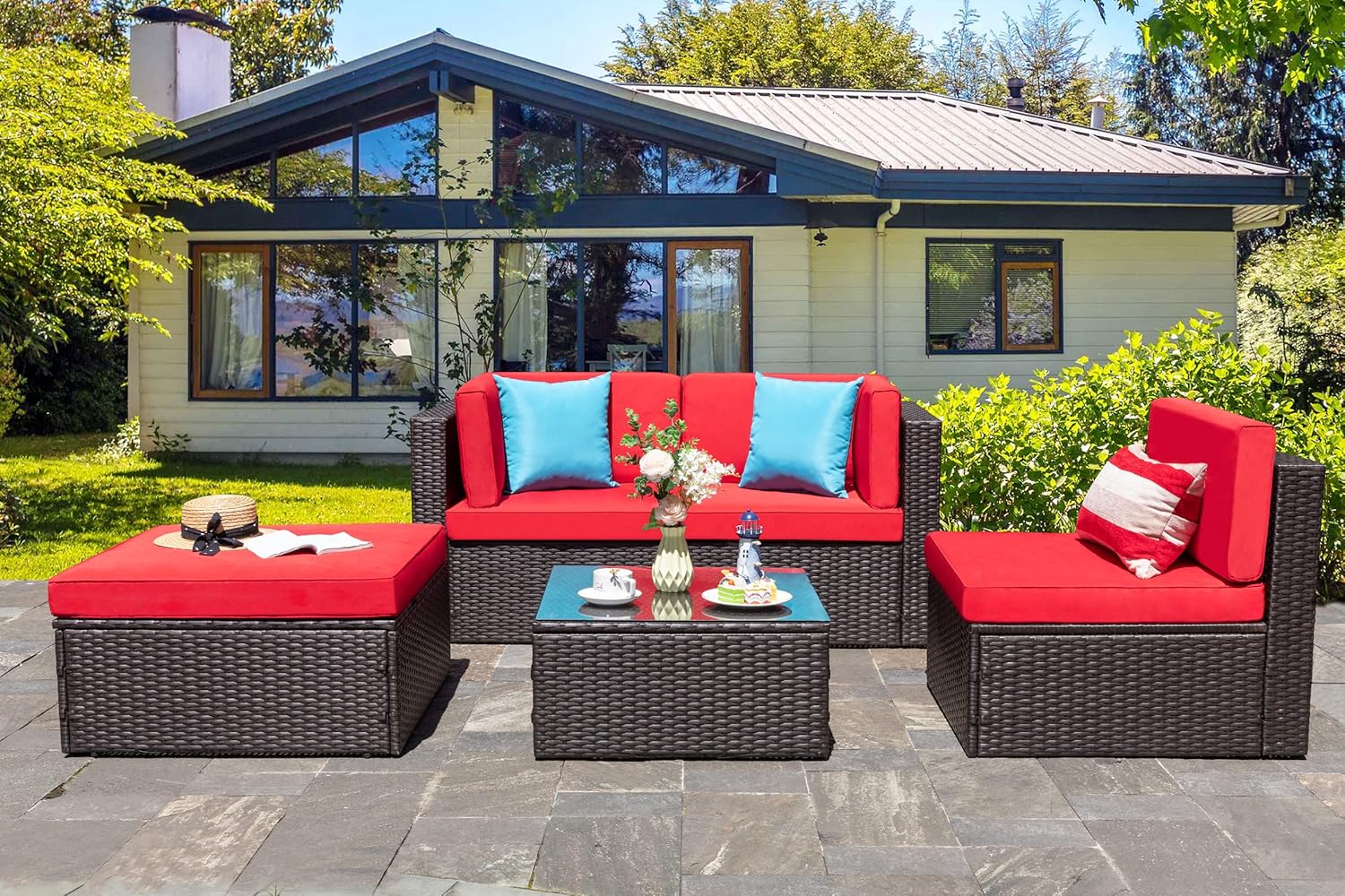 Vongrasig 5 Pieces Small Patio Furniture Sets, All-Weather Outdoor Sectional Patio Sofa Wicker Rattan Patio Seating Sofas with Cushion and Glass Table (Red)