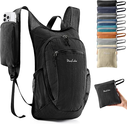 Mochila de senderismo pequeña de 10 L, mochila de viaje ligera y plegable para mujeres y hombres, Negro -, Pequeño