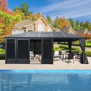 Domi 11x21FT Outdoor Sunroom, All Season Solarium Gazebo with Galvanized Steel Roof, Detachable PE Screen, 2 Lockable Sliding Door, Hardtop Gazebo with Netting and Curtains for Patio Deck Garden