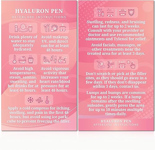 Paquete de 100 - Tarjeta de instrucciones de cuidado posterior con bolígrafo Hyaluron de alta calidad, 2 x 3.5 pulgadas, accesorios suministros kit