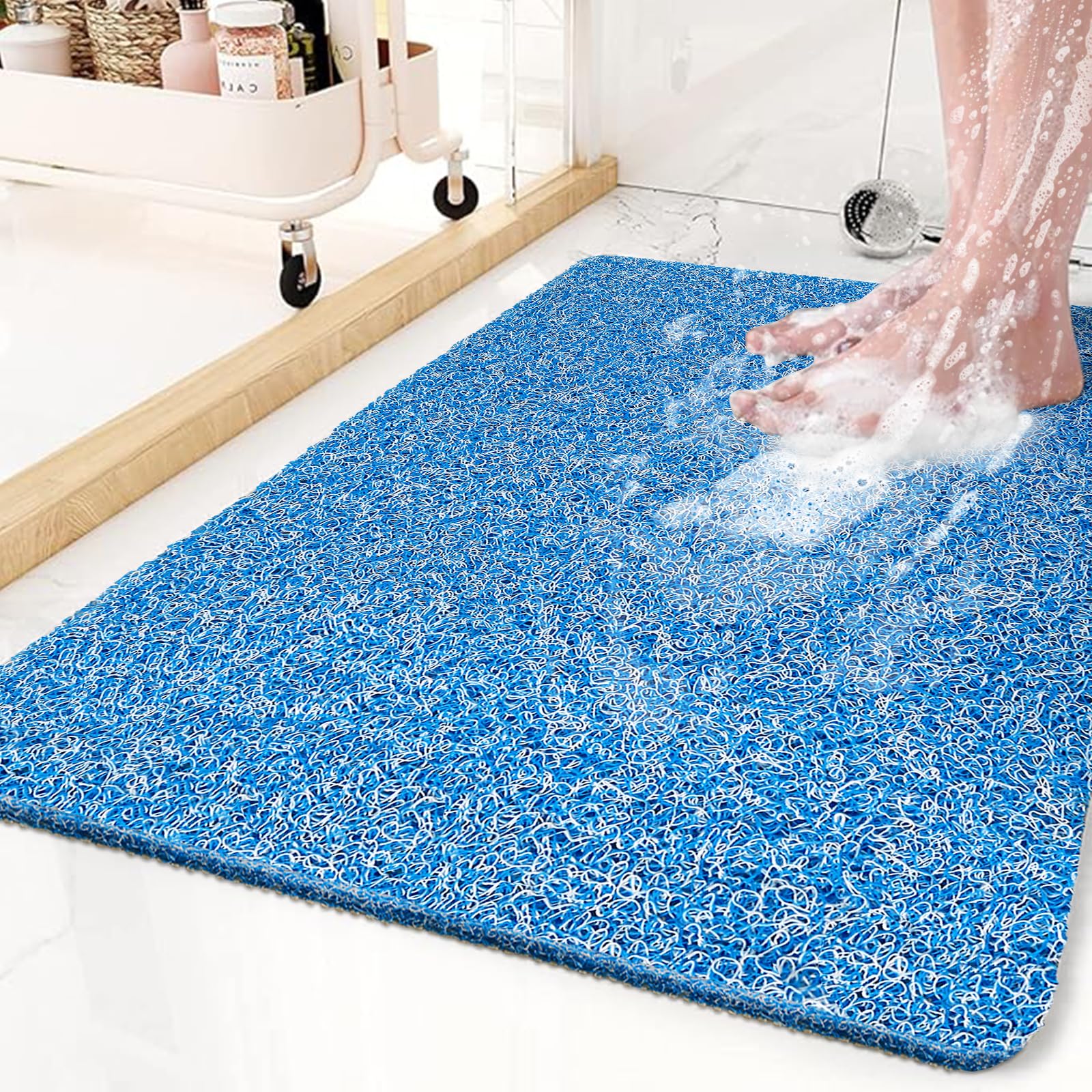 Tappetino da doccia antiscivolo e antimuffa: tappetino da bagno per vasca da bagno interno, 60 x 40 cm, antiscivolo, per doccia interna, tappetino da doccia in luffa blu, lungo, lavabile, per anziani