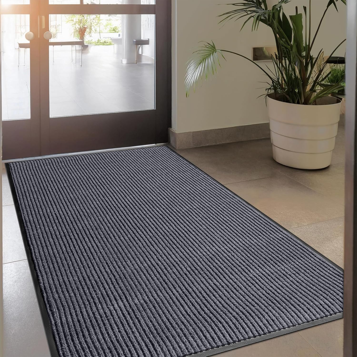 MaxMat 4x8 Rug, Extra Large Entryway Mat - Heavy Duty Doormat, Waterproof, Low-Profile, Easy to Clean, Rubber Floor Mat (4 x 8 Feet, Grey, MXM-RIB0048GY)