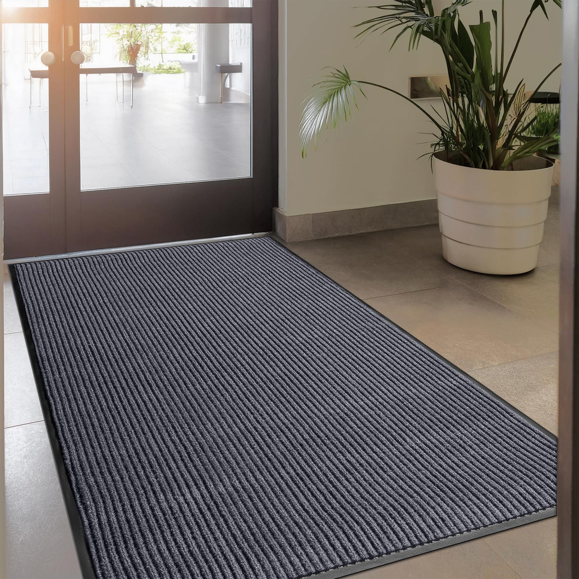 MaxMat® 4x8 Outdoor Rug, Extra Large Entryway Mat - Heavy Duty Doormat, Waterproof, Low-Profile, Easy to Clean, Rubber Floor Mat (4 x 8 Feet, Grey, MXM-RIB0048GY)