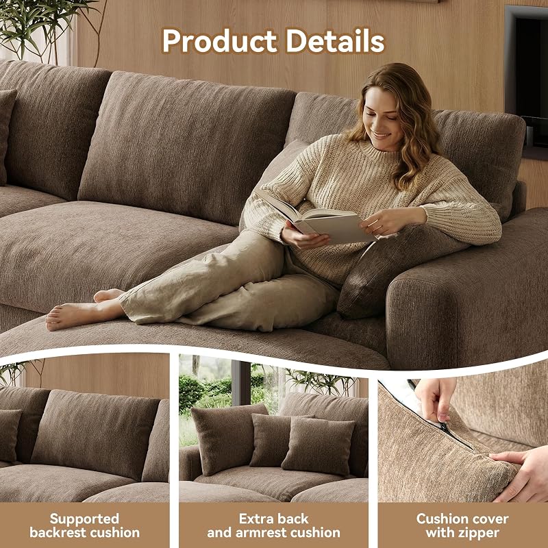 WorthFurni 110” Cloud Sectional Couches for Living Room, Modular Sectional Sofa with Deep Seat, Convertible L-Shape Couch with Storage Ottoman for Bedroom Apartment, Chenille (Brown) image 4